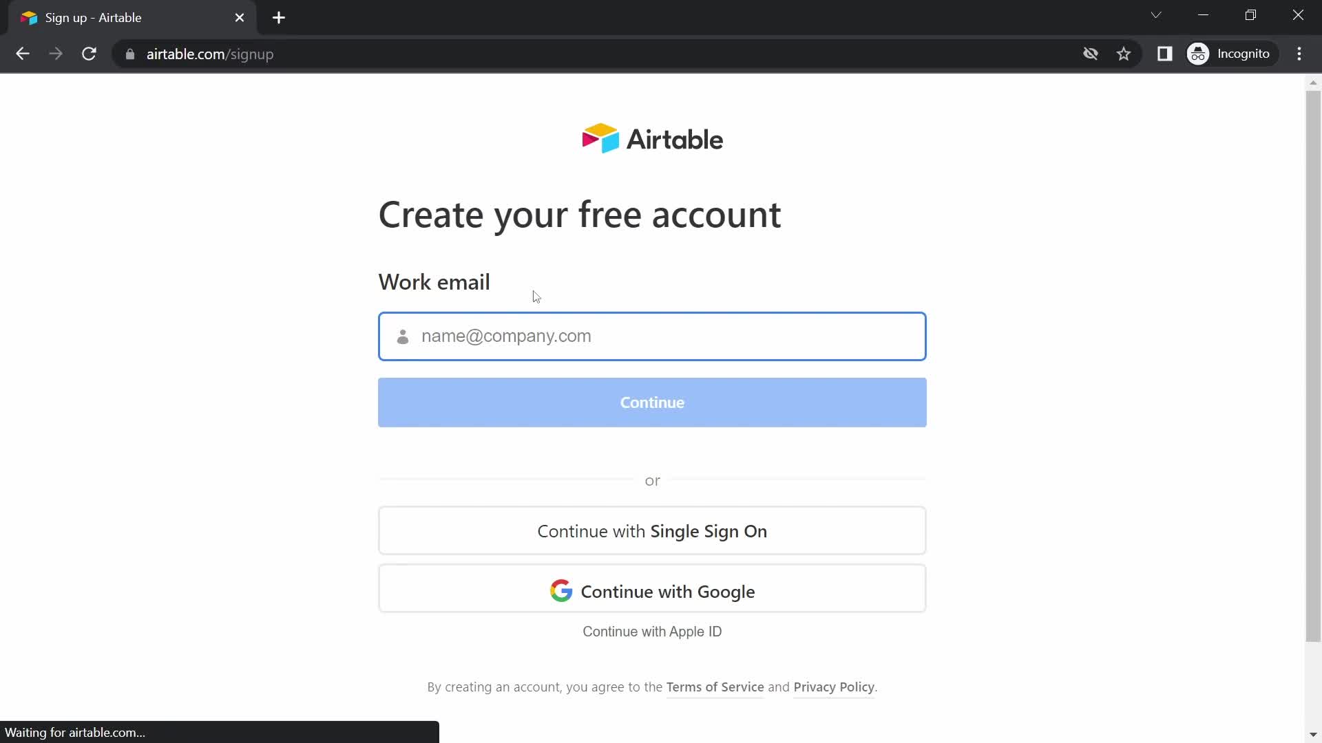 Screenshot of Sign up on Onboarding on Airtable user flow