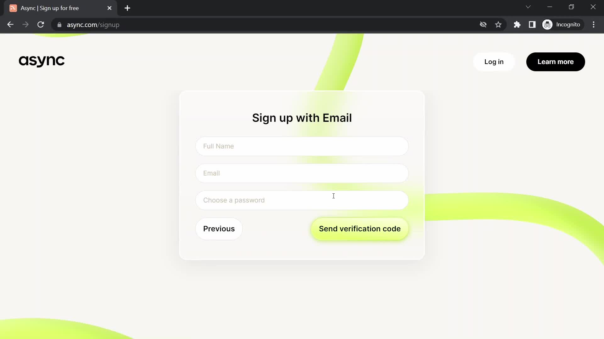 Screenshot of Sign up on Onboarding on Async user flow