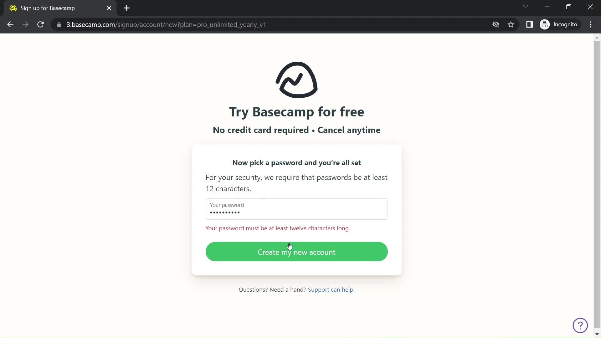 Basecamp submit error screenshot