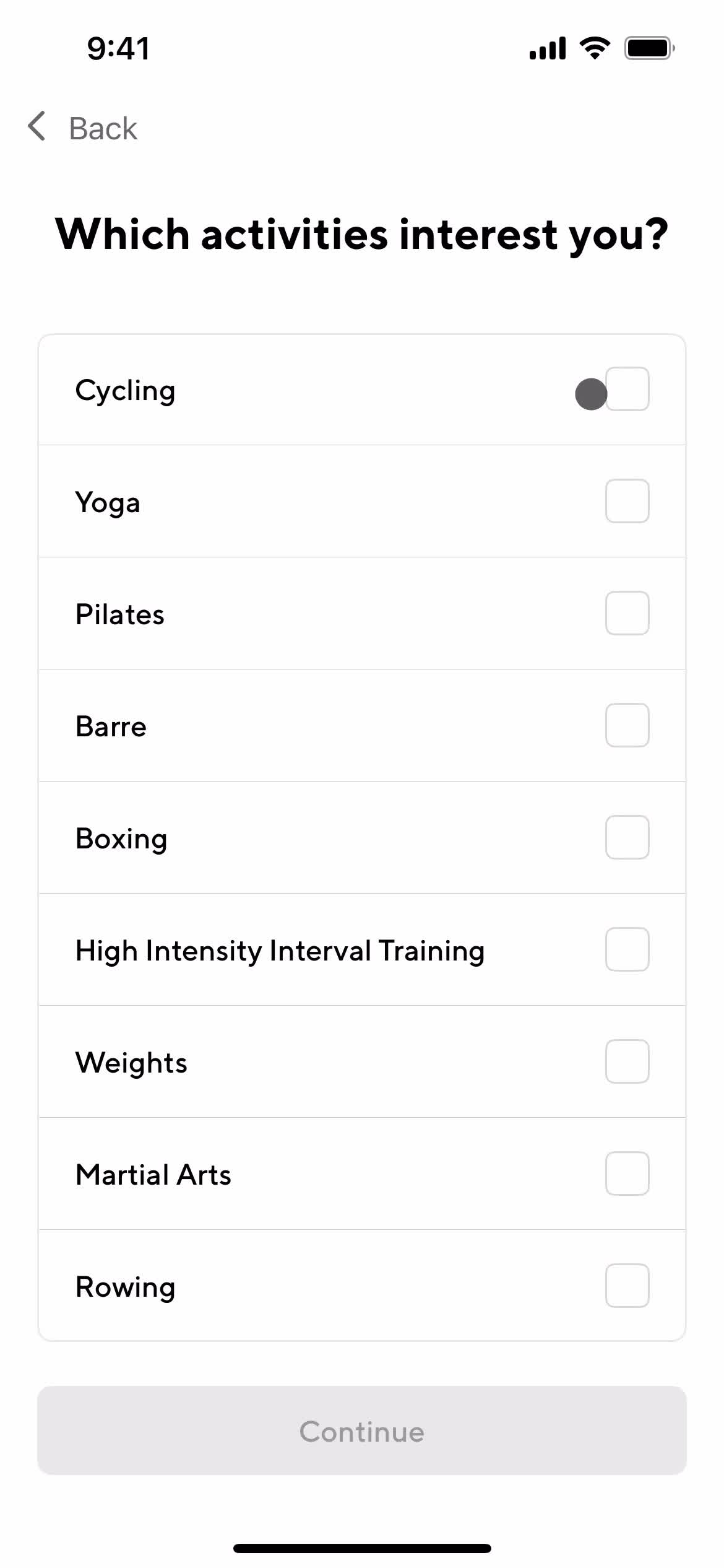 ClassPass select activities screenshot