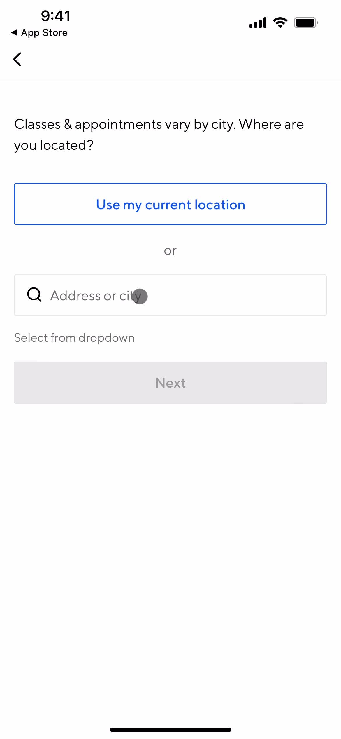 ClassPass search location screenshot