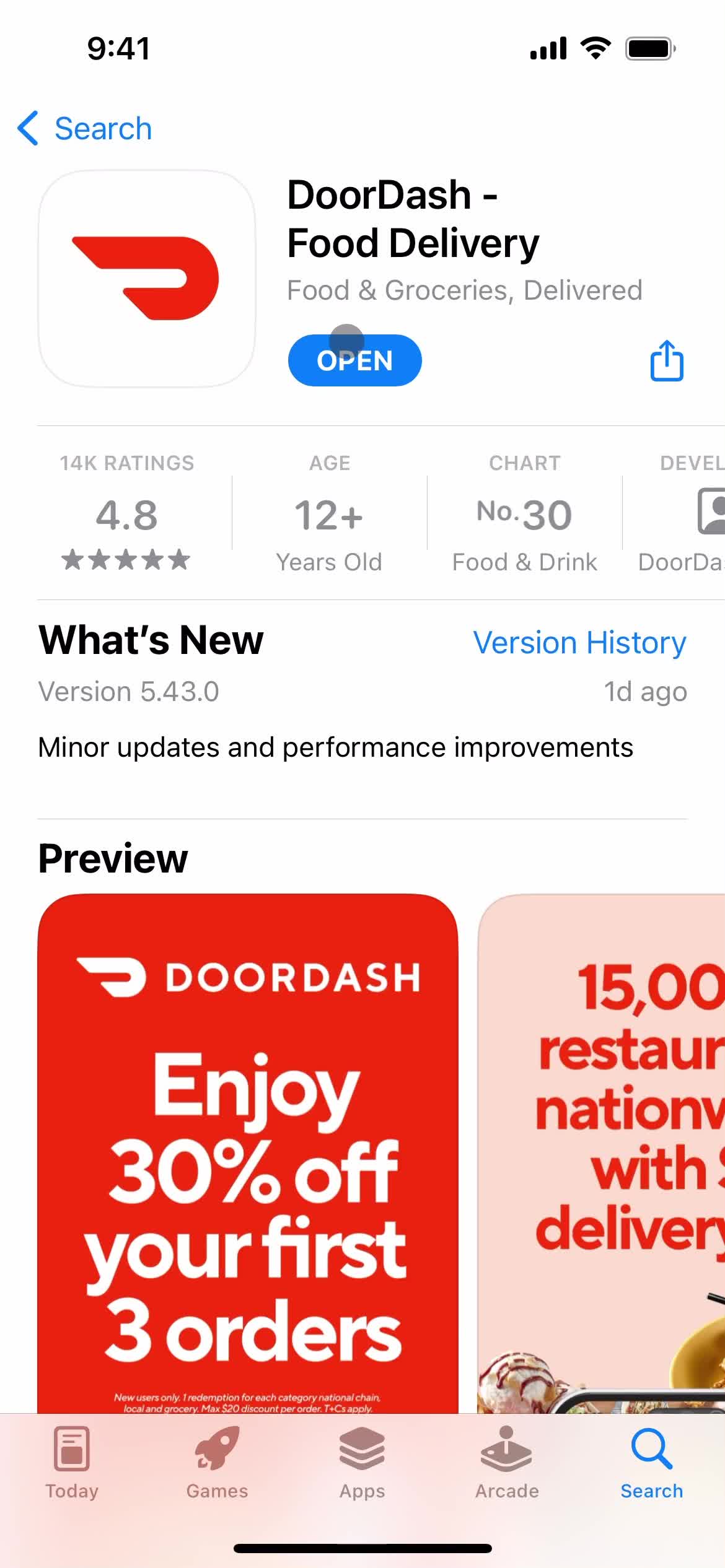 Screenshot of App store listing on Onboarding on DoorDash user flow