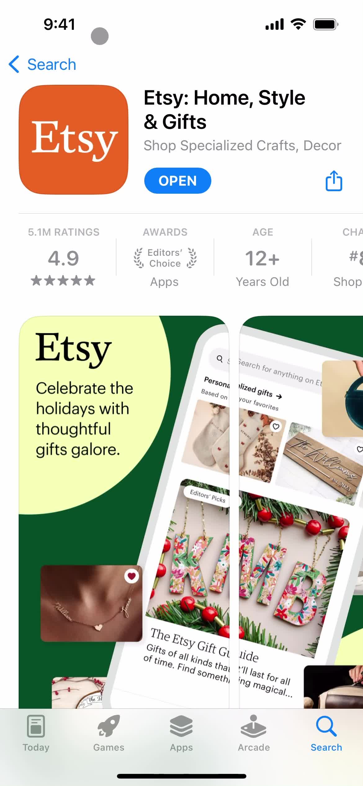 Screenshot of App store listing on Onboarding on Etsy user flow