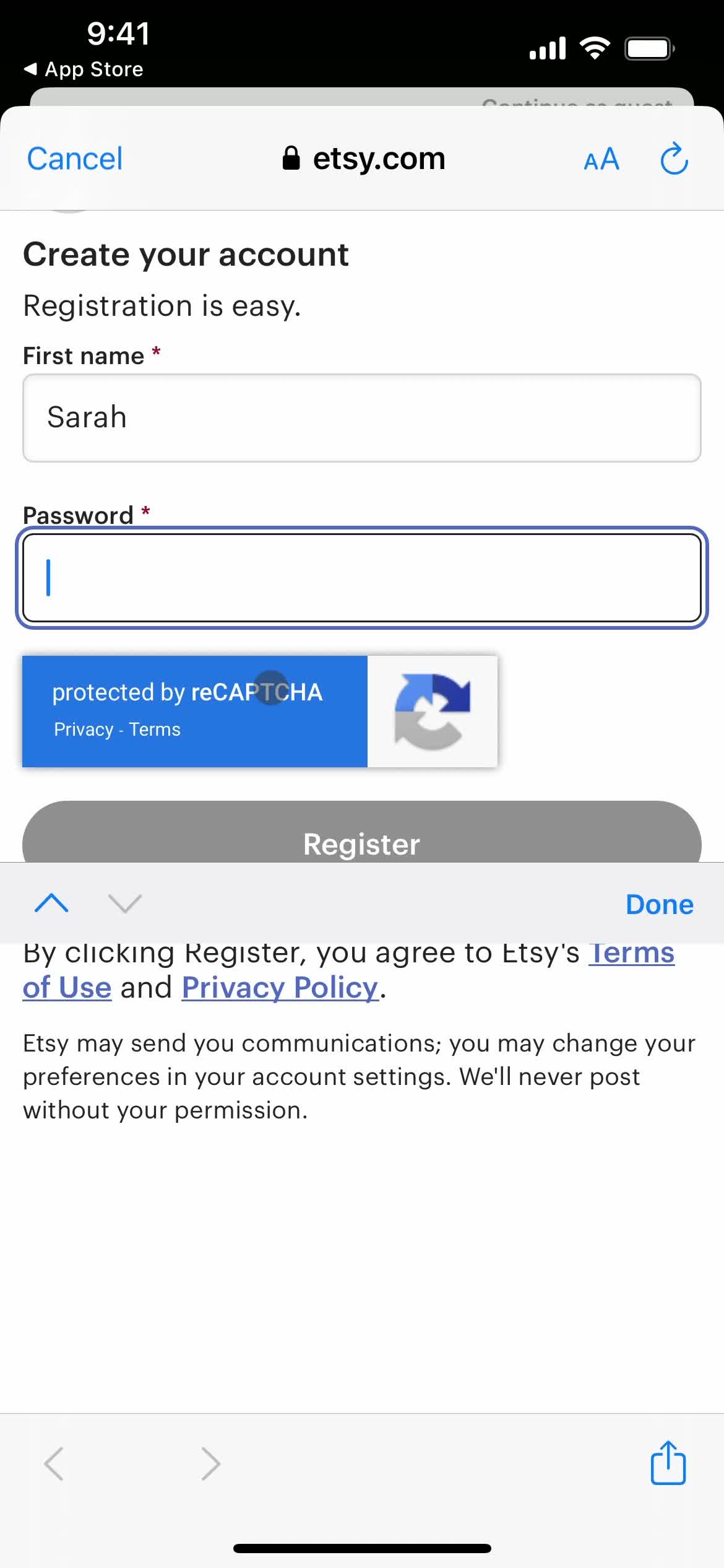 Etsy set password screenshot