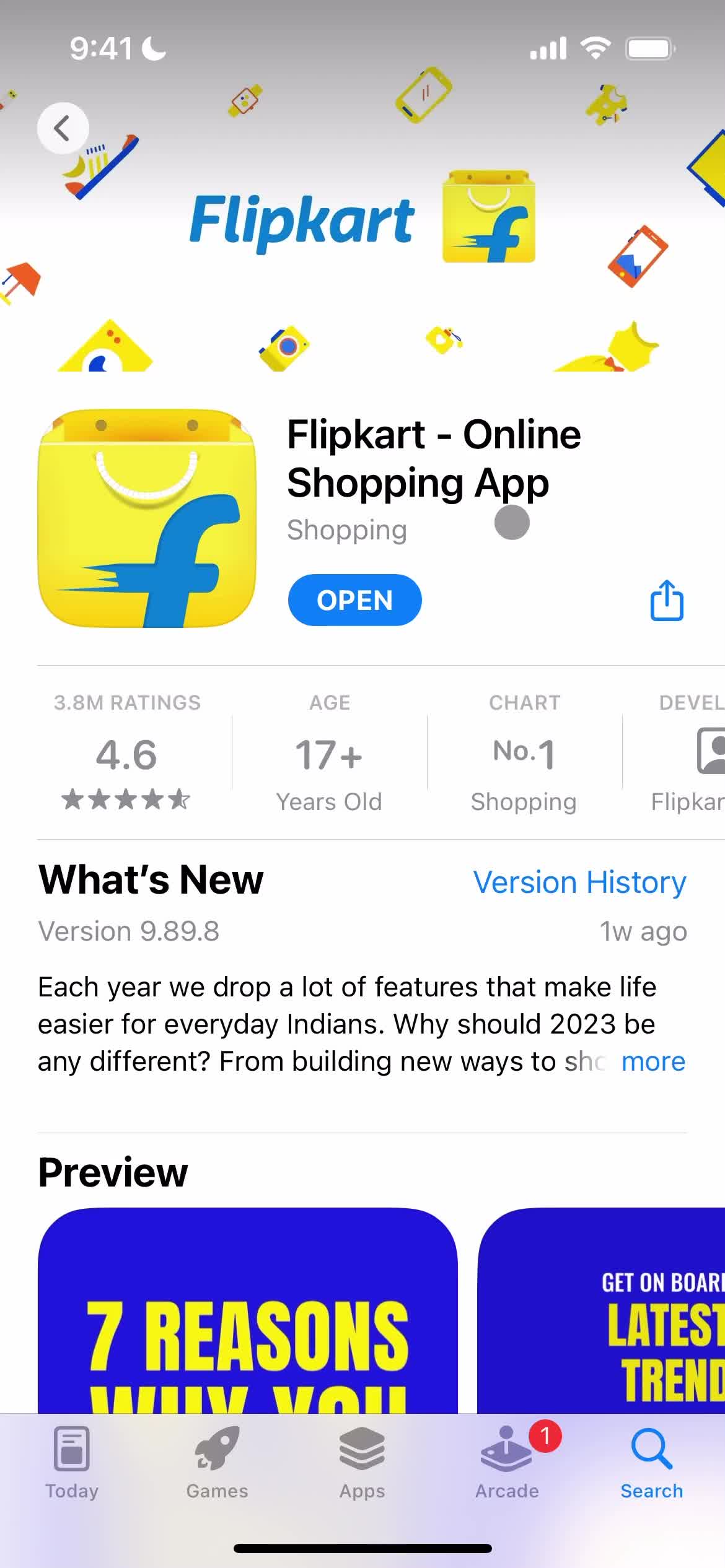 Screenshot of App store listing on Onboarding on FlipKart user flow