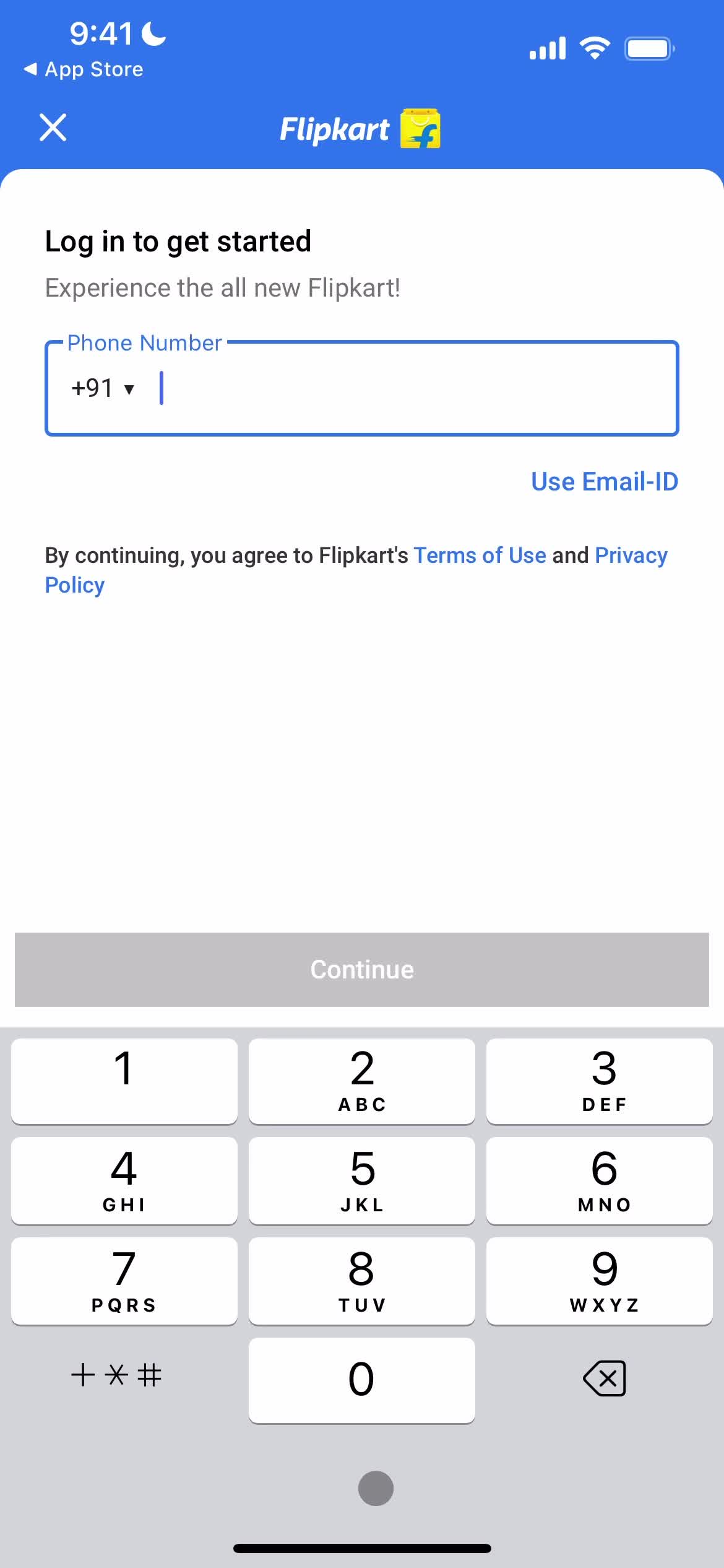 Screenshot of Enter phone number on Onboarding on FlipKart user flow