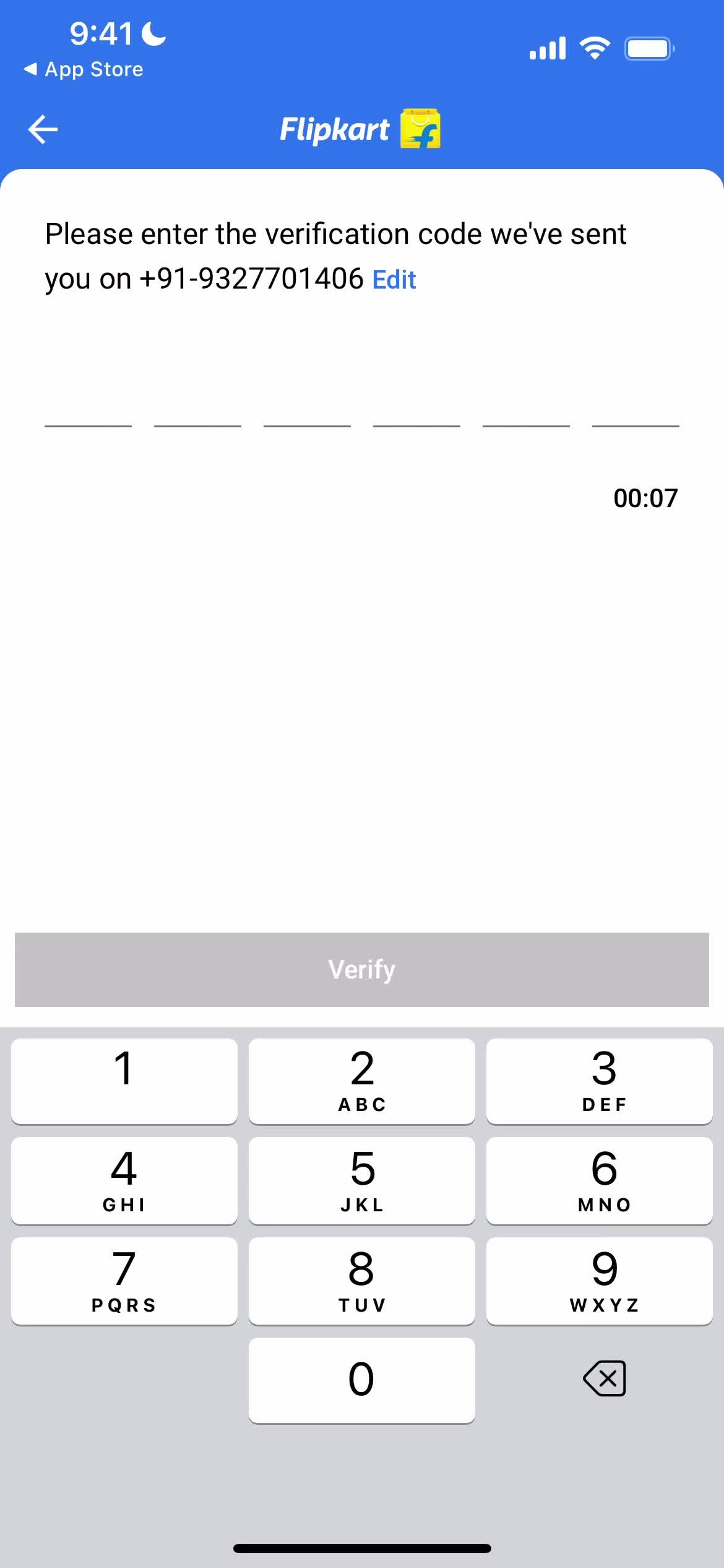 FlipKart verify phone number screenshot
