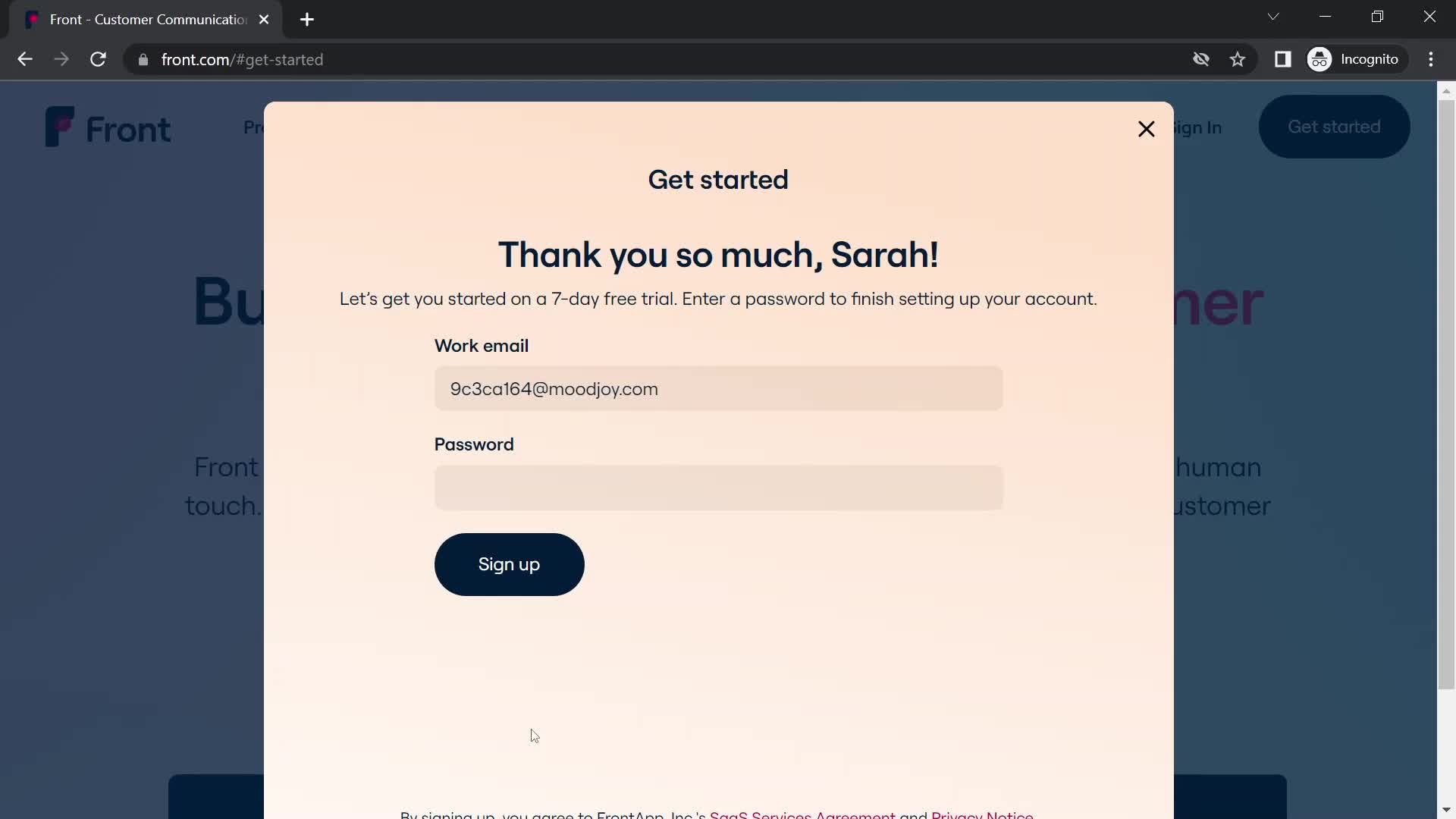 Screenshot of Sign up on Onboarding on Front user flow