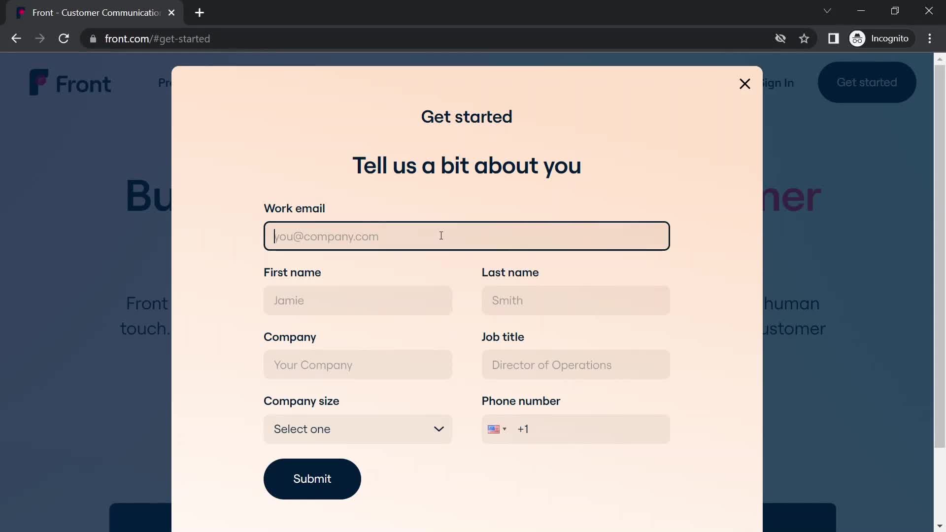 Screenshot of Tell us about yourself on Onboarding on Front user flow