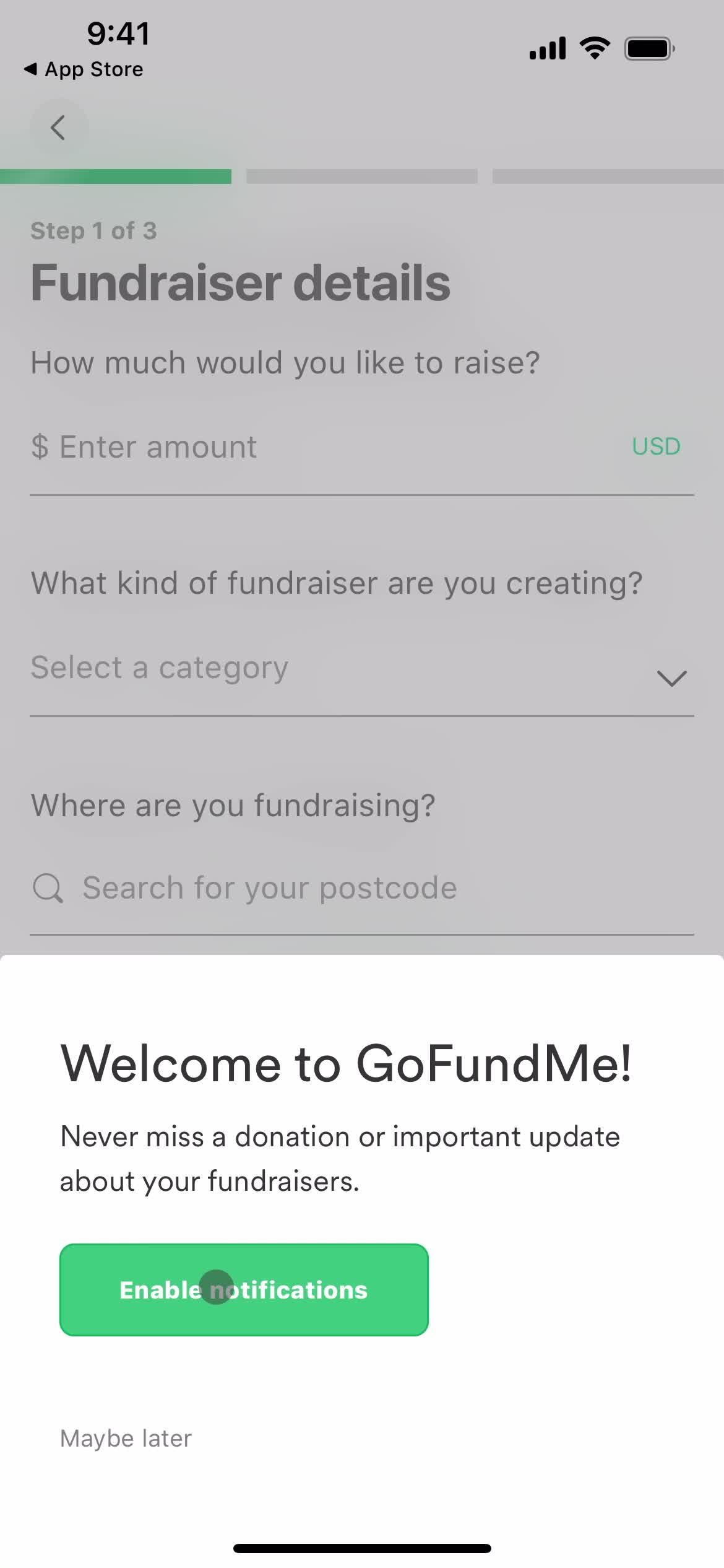 GoFundMe enable notifications screenshot