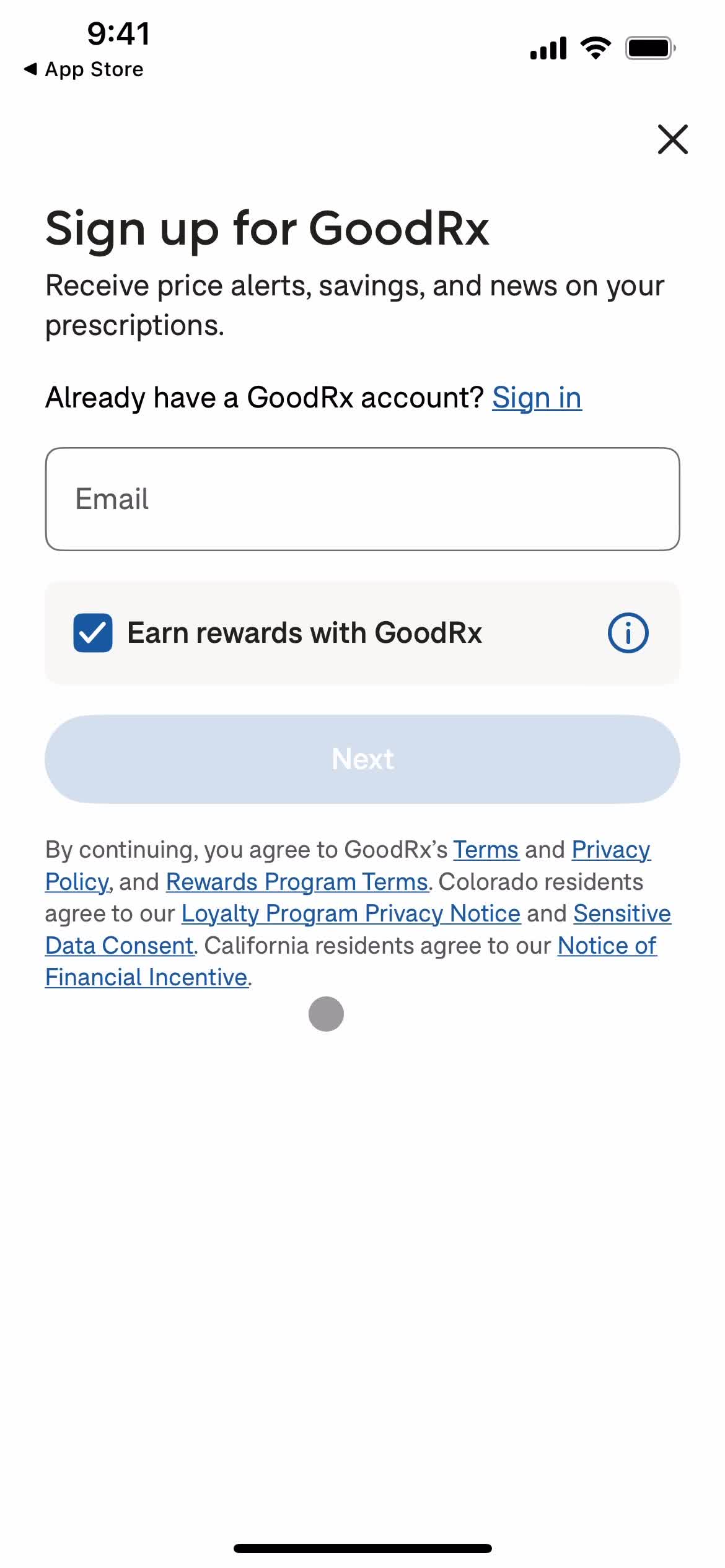 GoodRx sign up screenshot