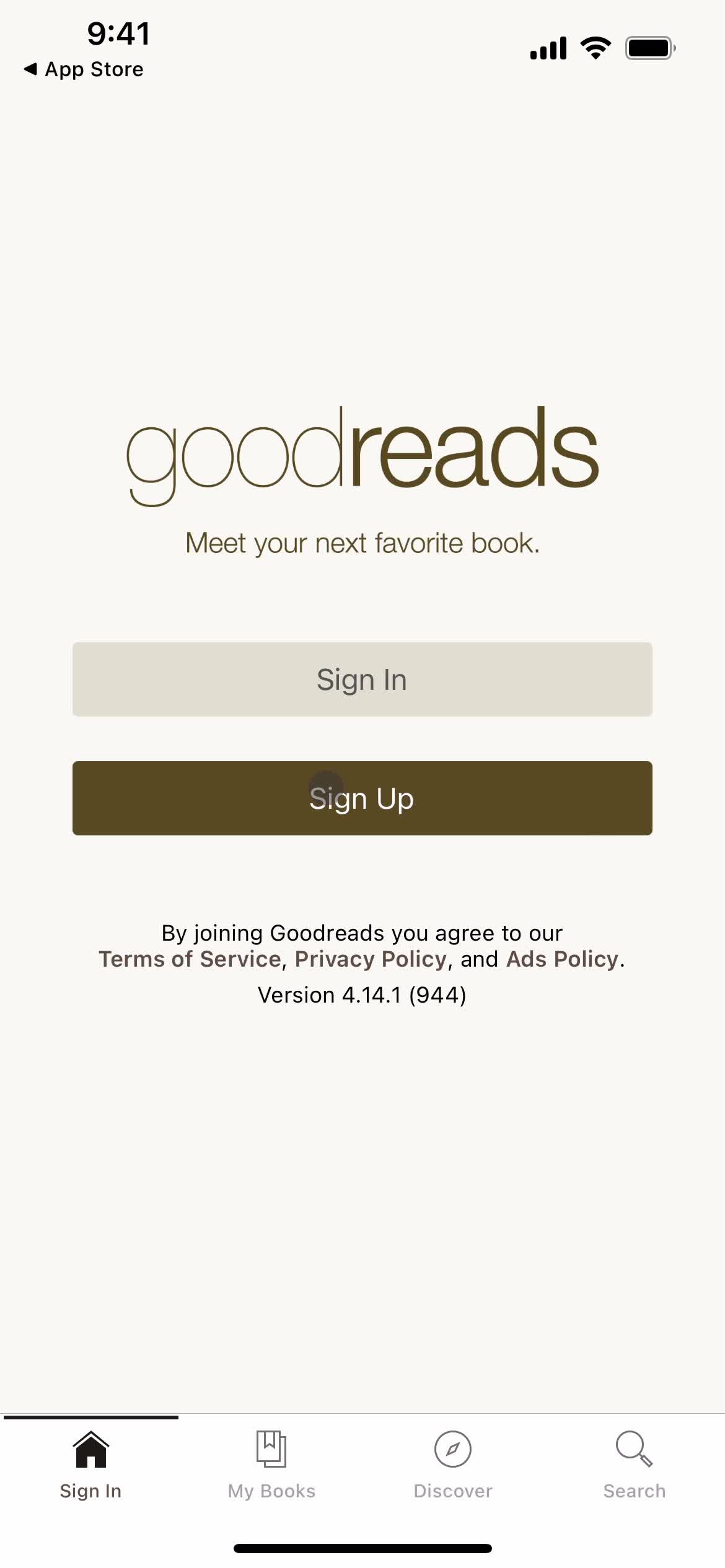 Goodreads sign up screenshot