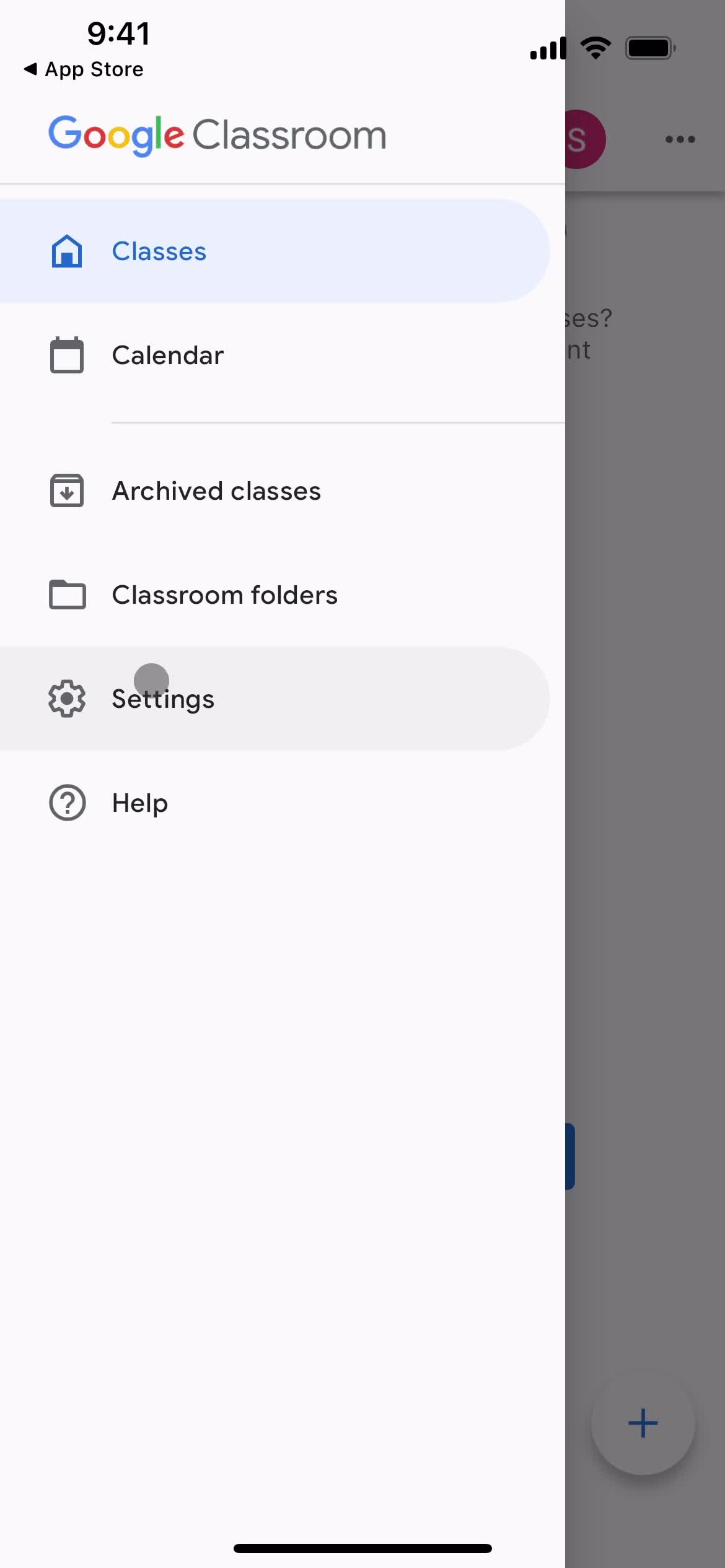 Google Classroom account menu screenshot