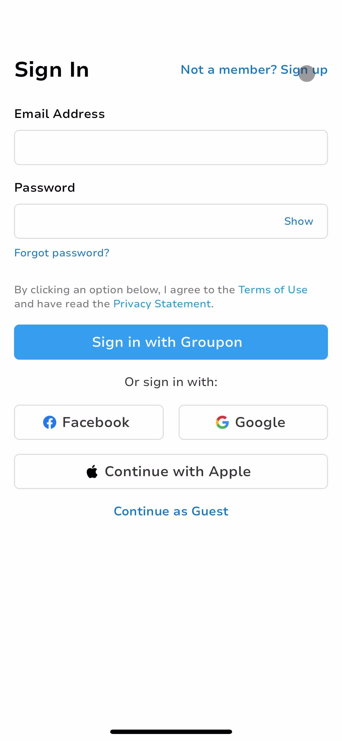 Groupon sign in screenshot