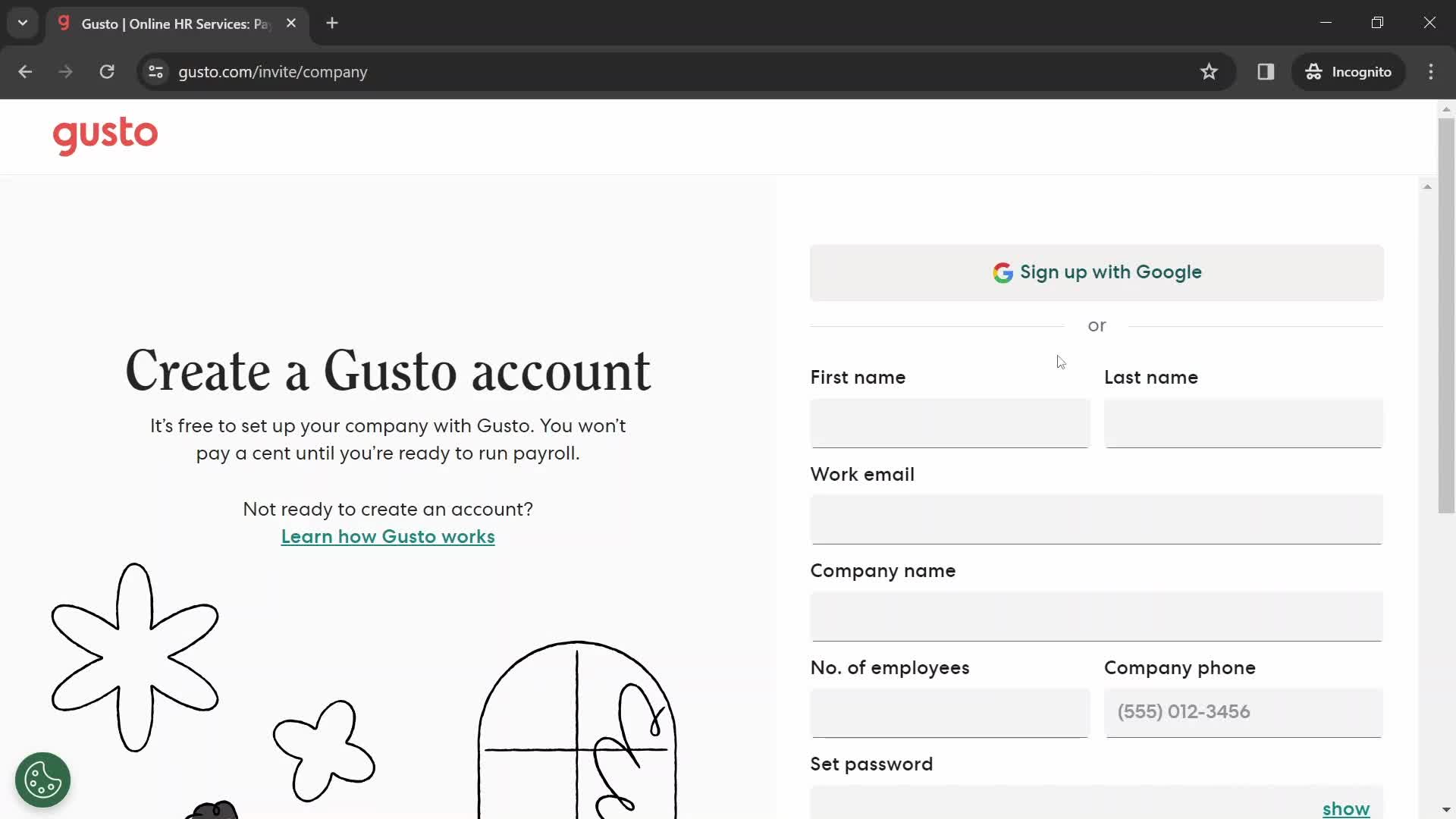 Screenshot of Sign up on Onboarding on Gusto user flow