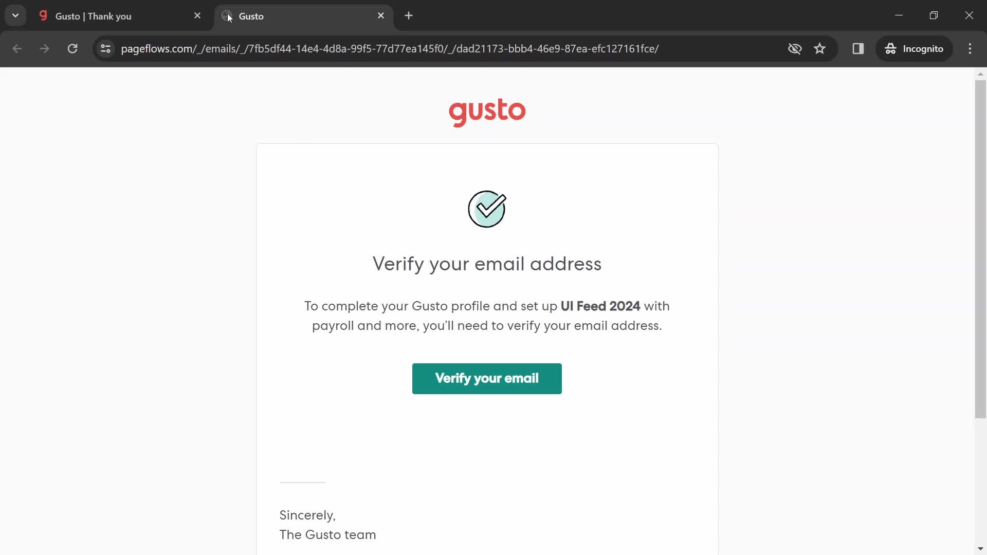 Gusto verify email screenshot