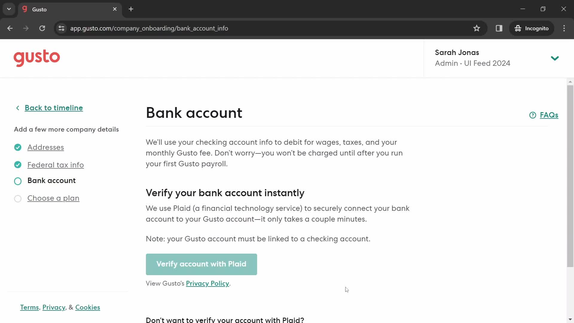 Gusto bank accounts screenshot