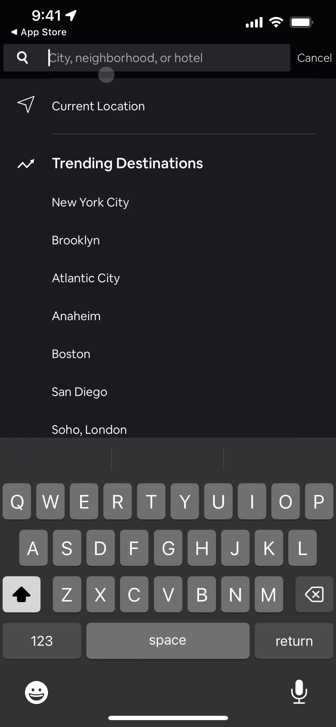 HotelTonight search location screenshot