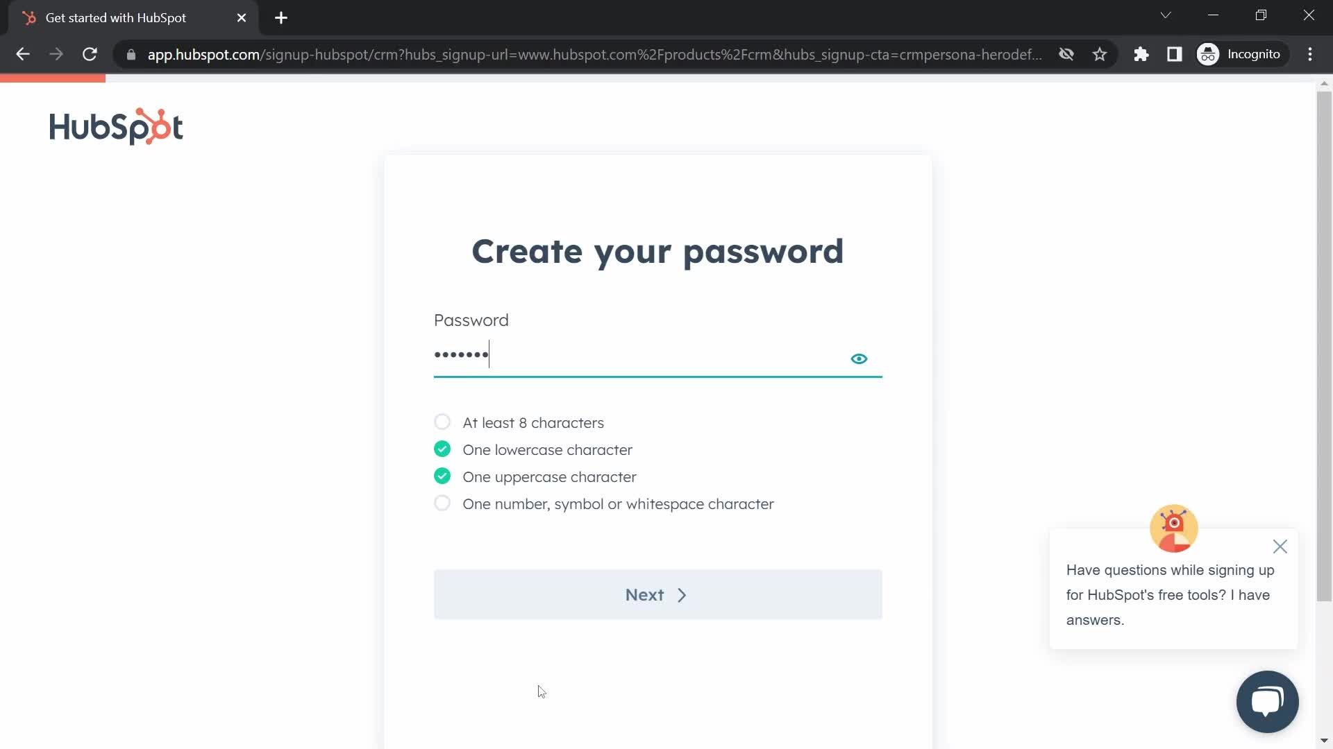HubSpot CRM set password screenshot