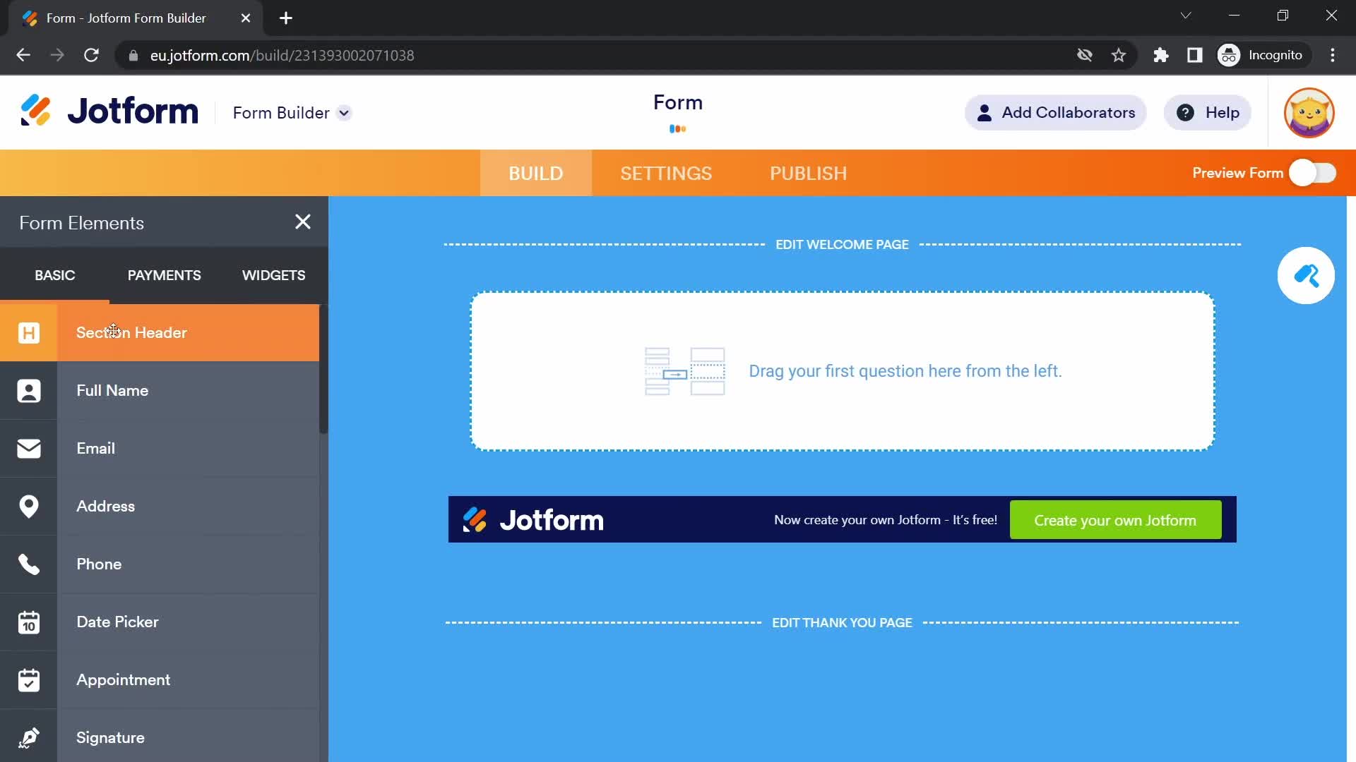 Jotform add element screenshot