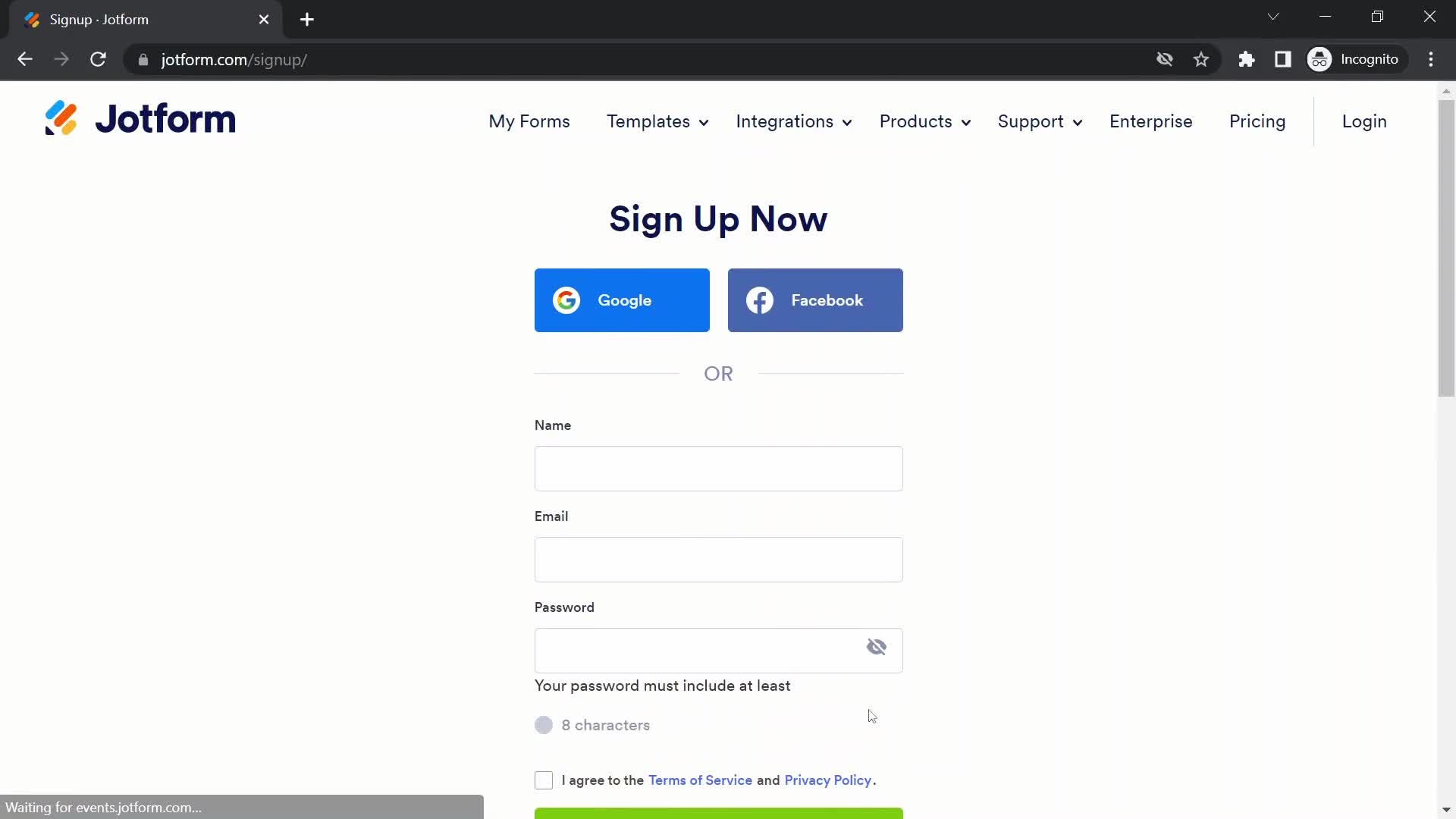 Screenshot of Sign up on Onboarding on Jotform user flow