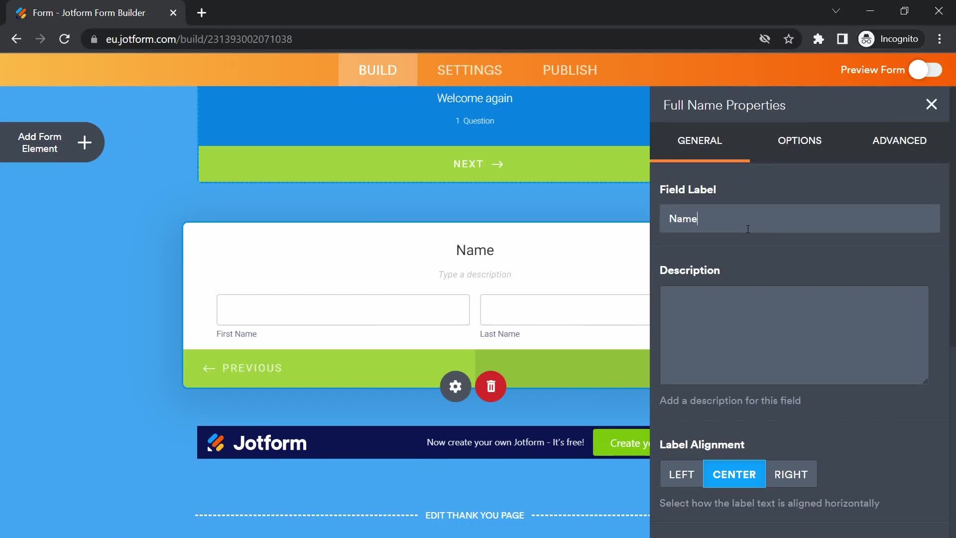 Jotform properties screenshot