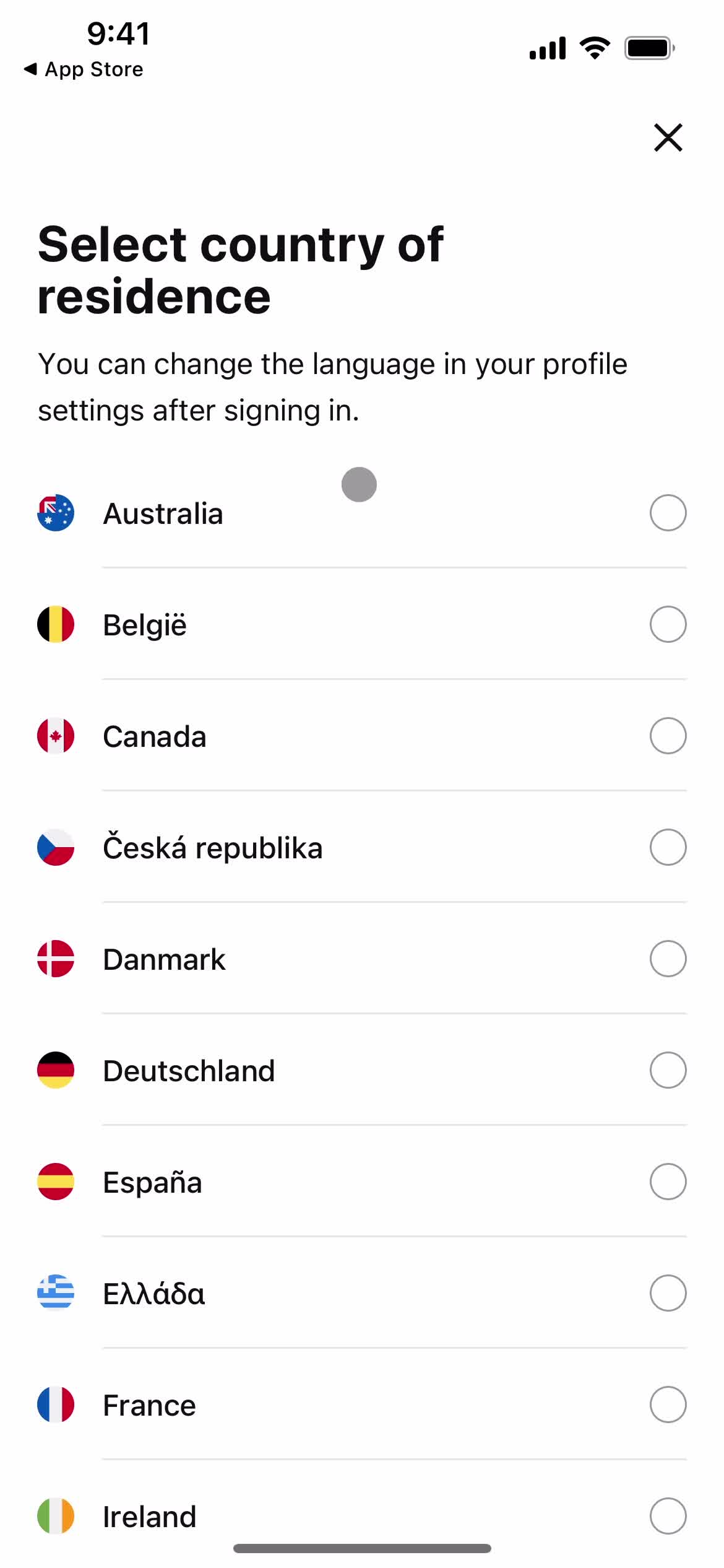 Screenshot of Select country on Onboarding on Klarna user flow