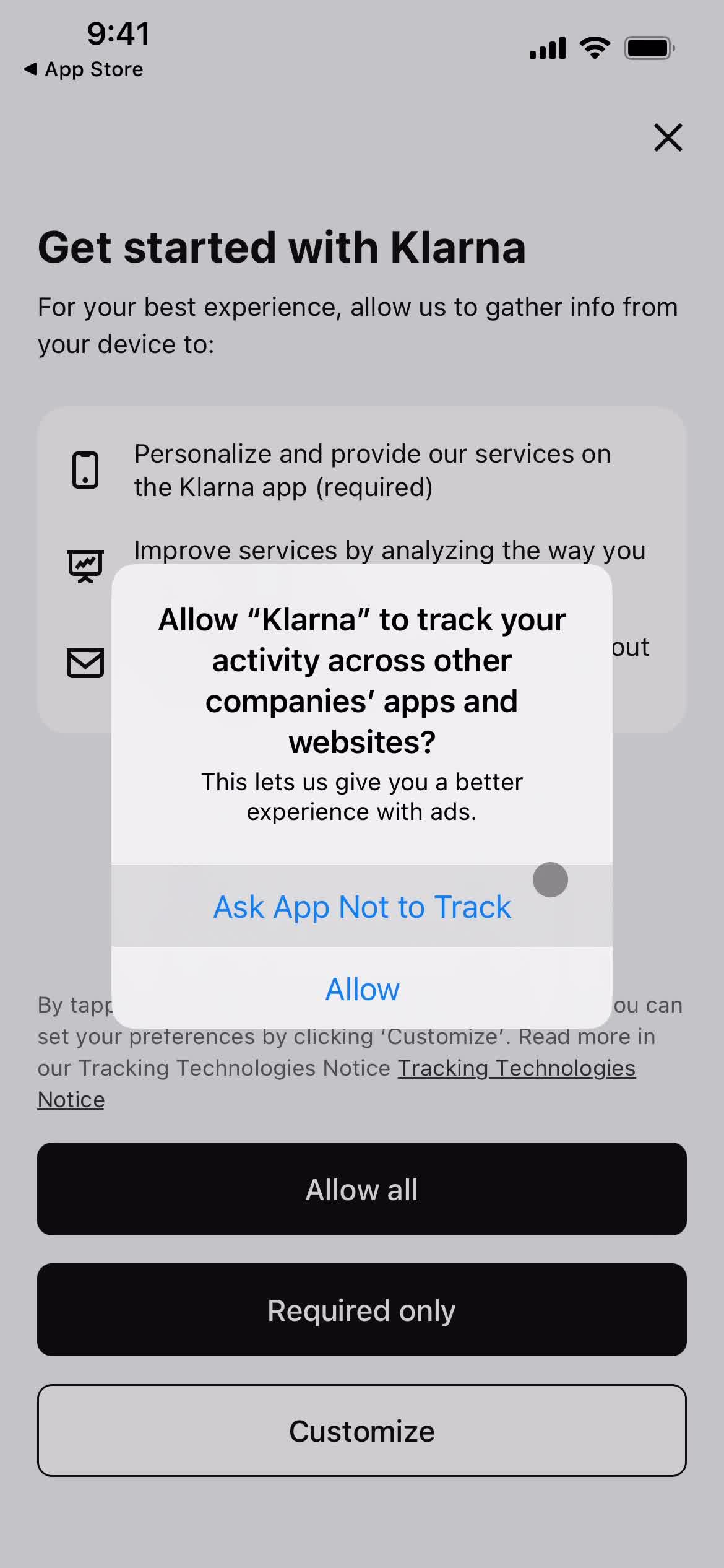 Screenshot of Enable tracking on Onboarding on Klarna user flow