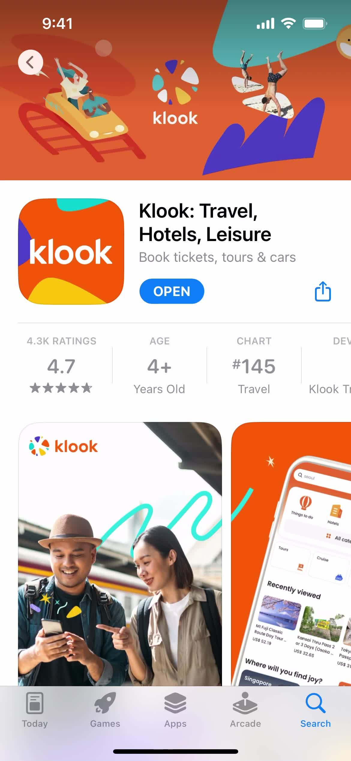 Screenshot of App store listing on Onboarding on Klook user flow