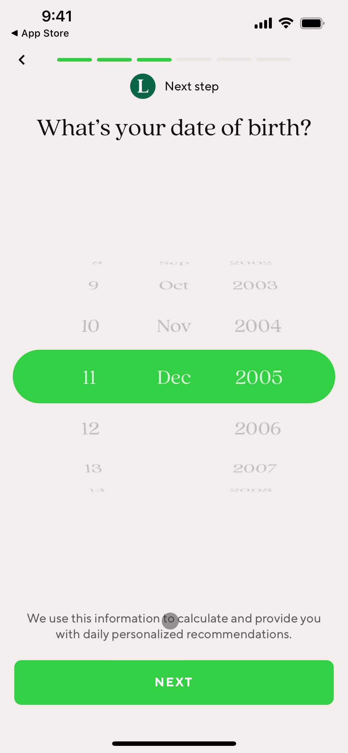 Lifesum confirm date of birth screenshot