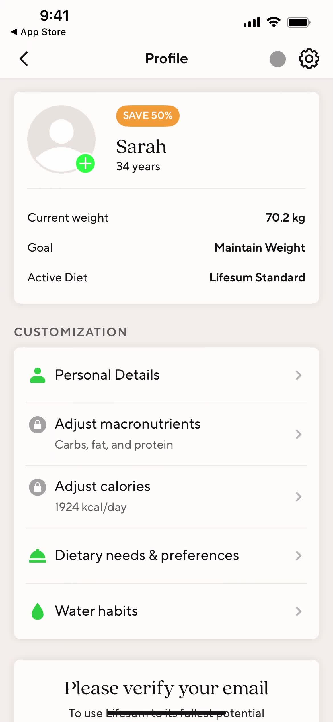 Lifesum profile screenshot