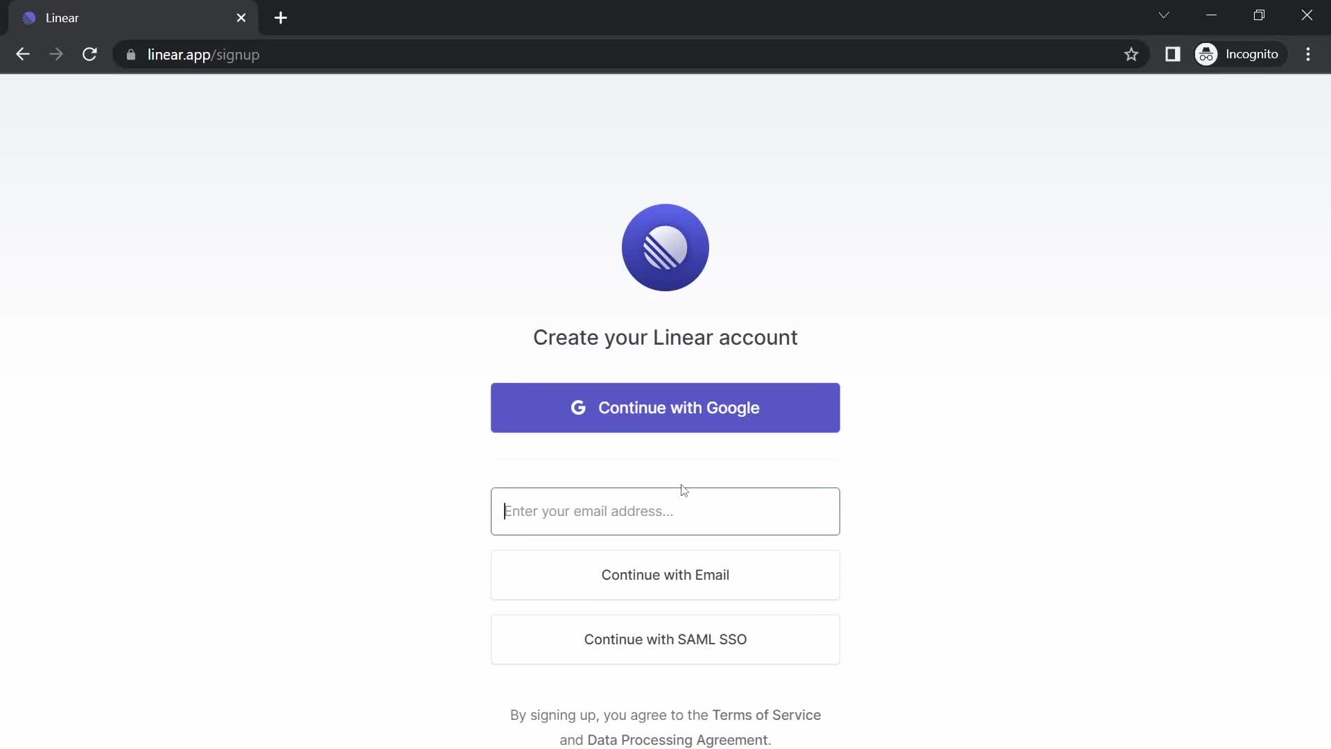Screenshot of Sign up on Onboarding on Linear user flow