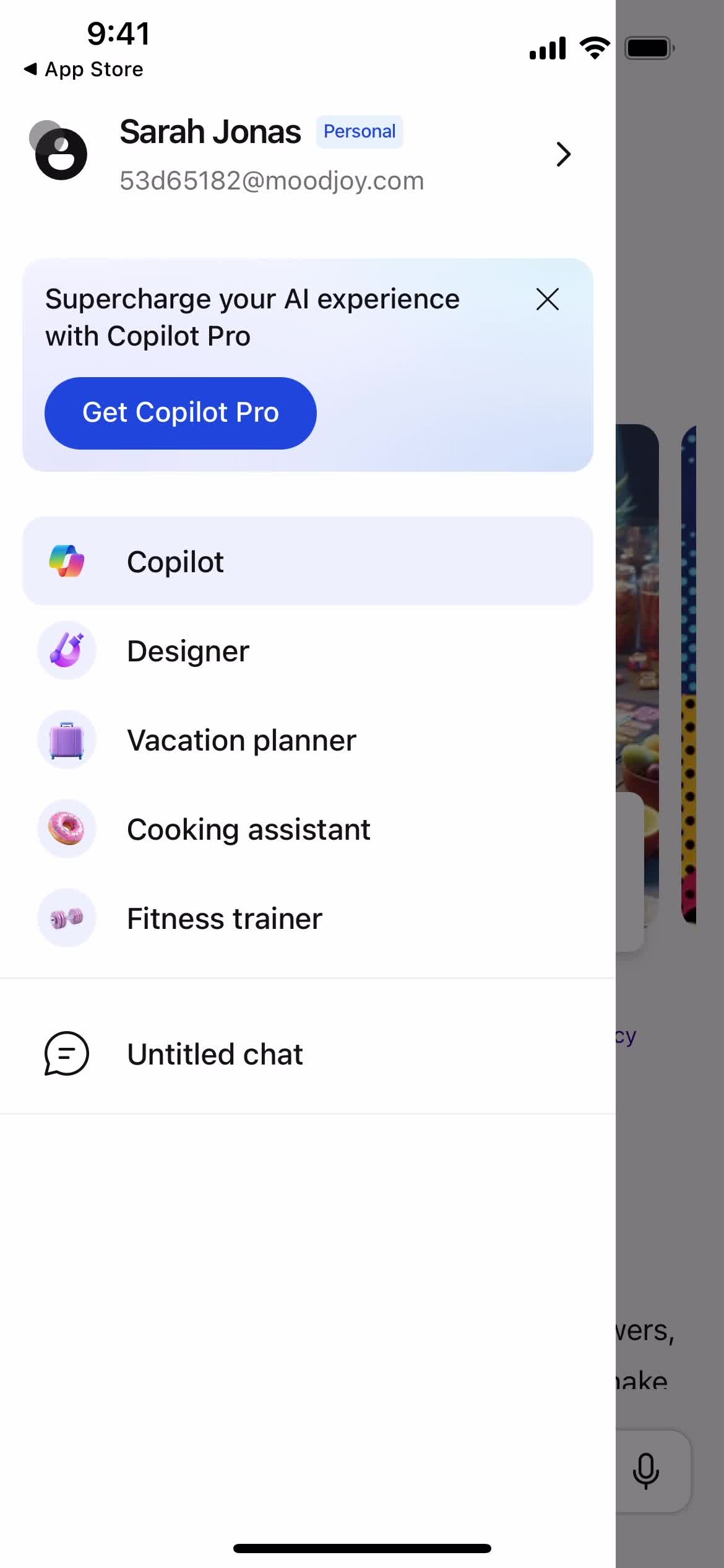 Microsoft Copilot account menu screenshot