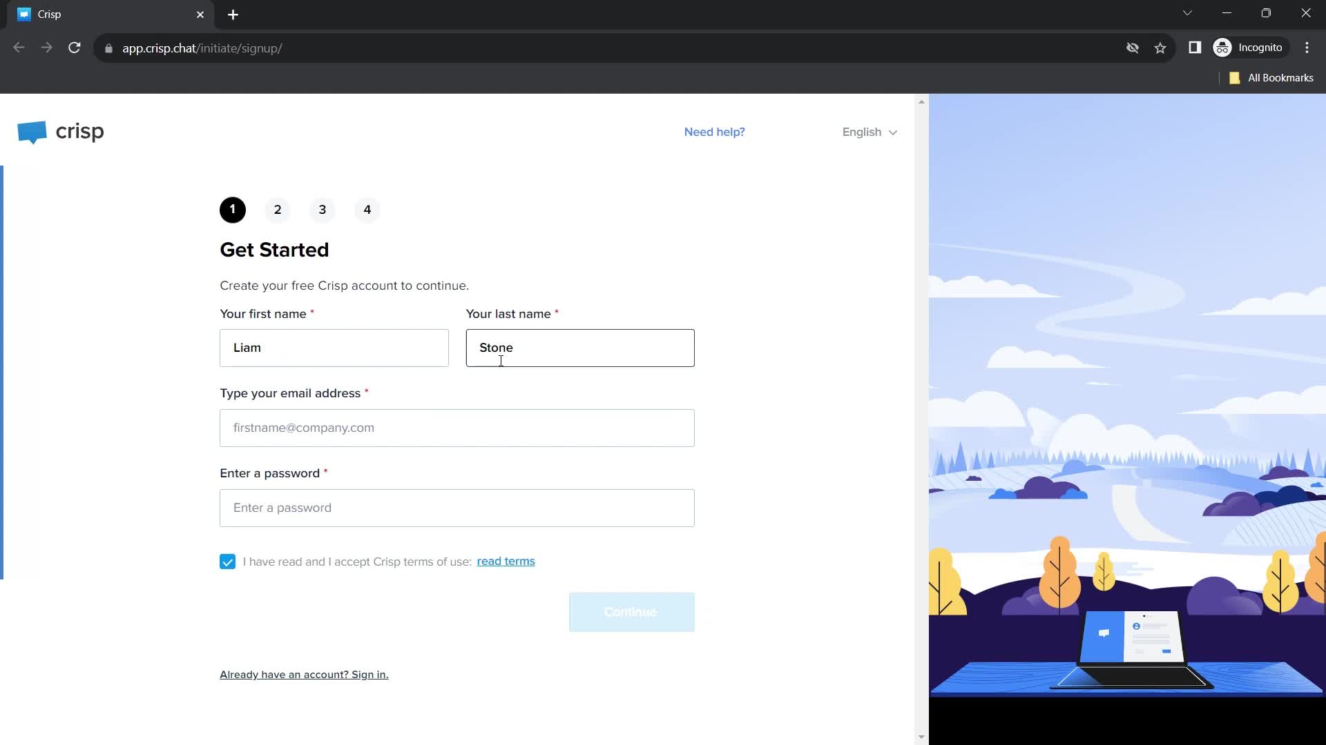 Screenshot of Enter name on Onboarding on Crisp user flow