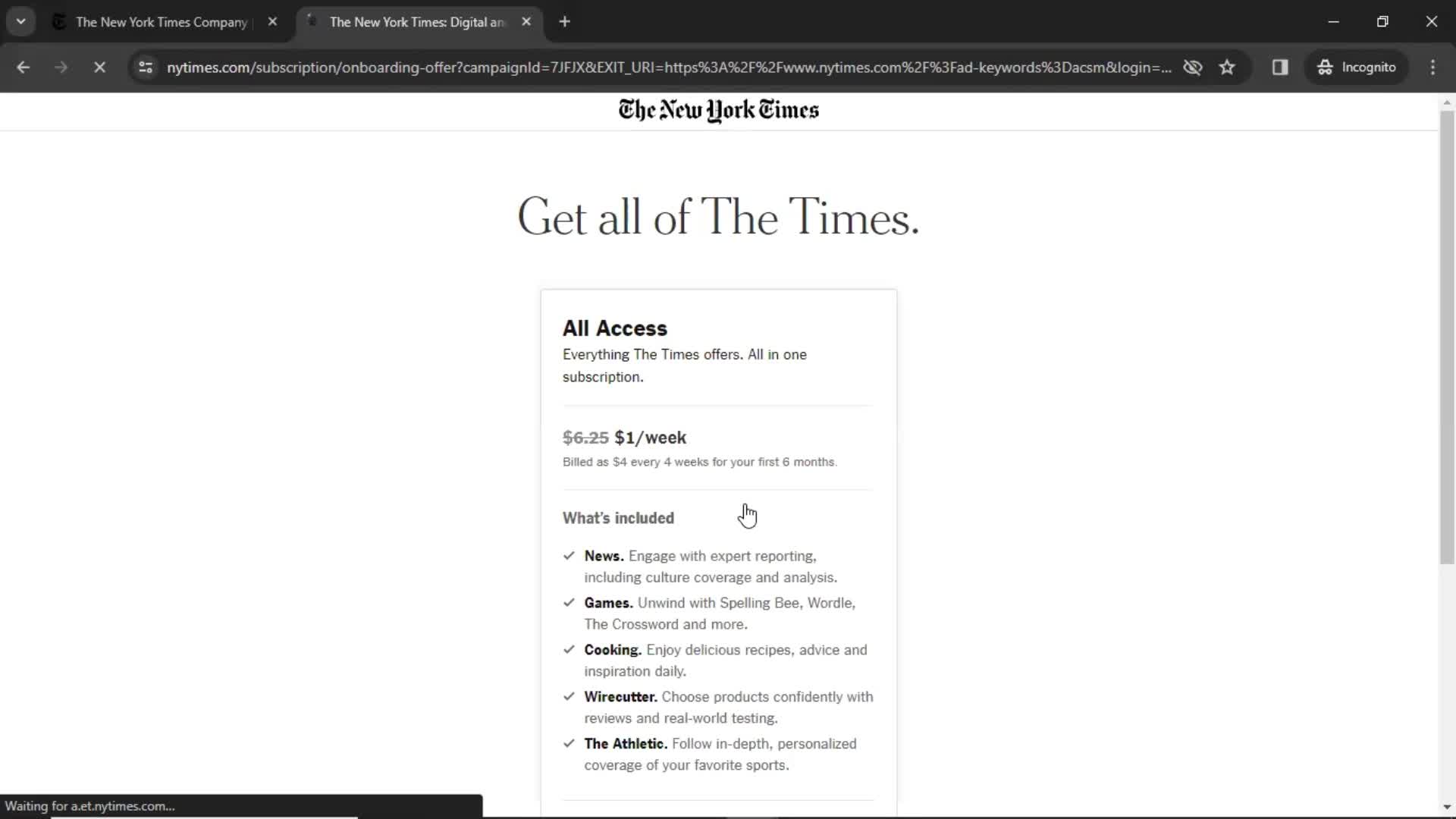 The New York Times upgrade screenshot