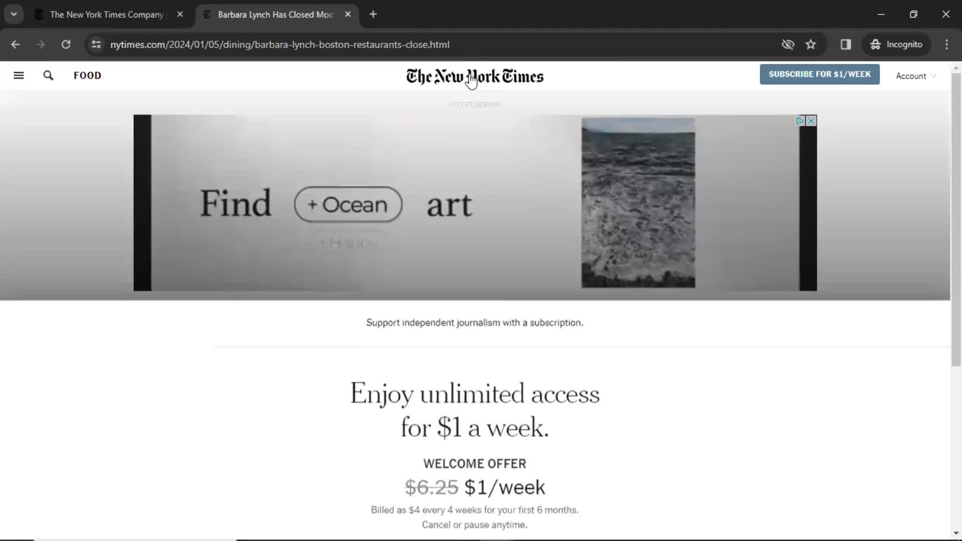 The New York Times upgrade screenshot