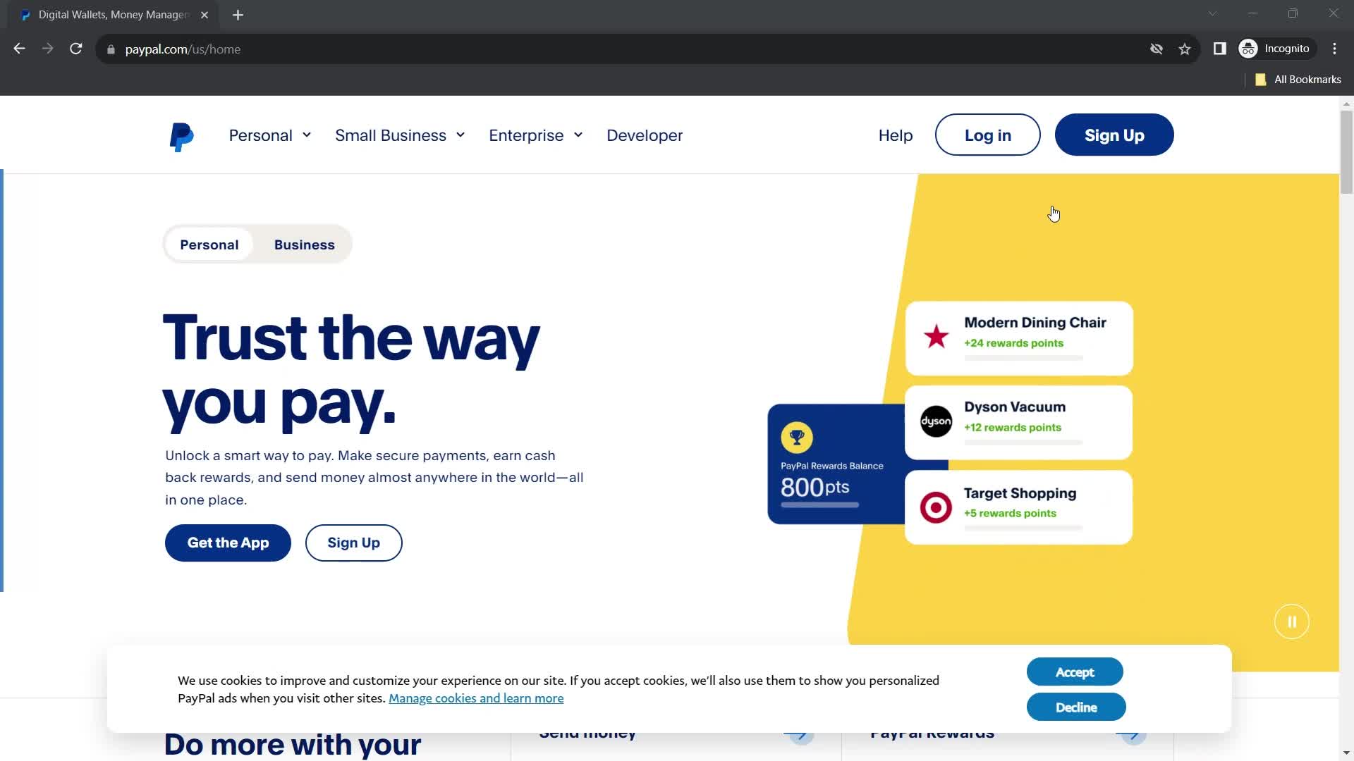 Screenshot of Homepage on Onboarding on PayPal user flow