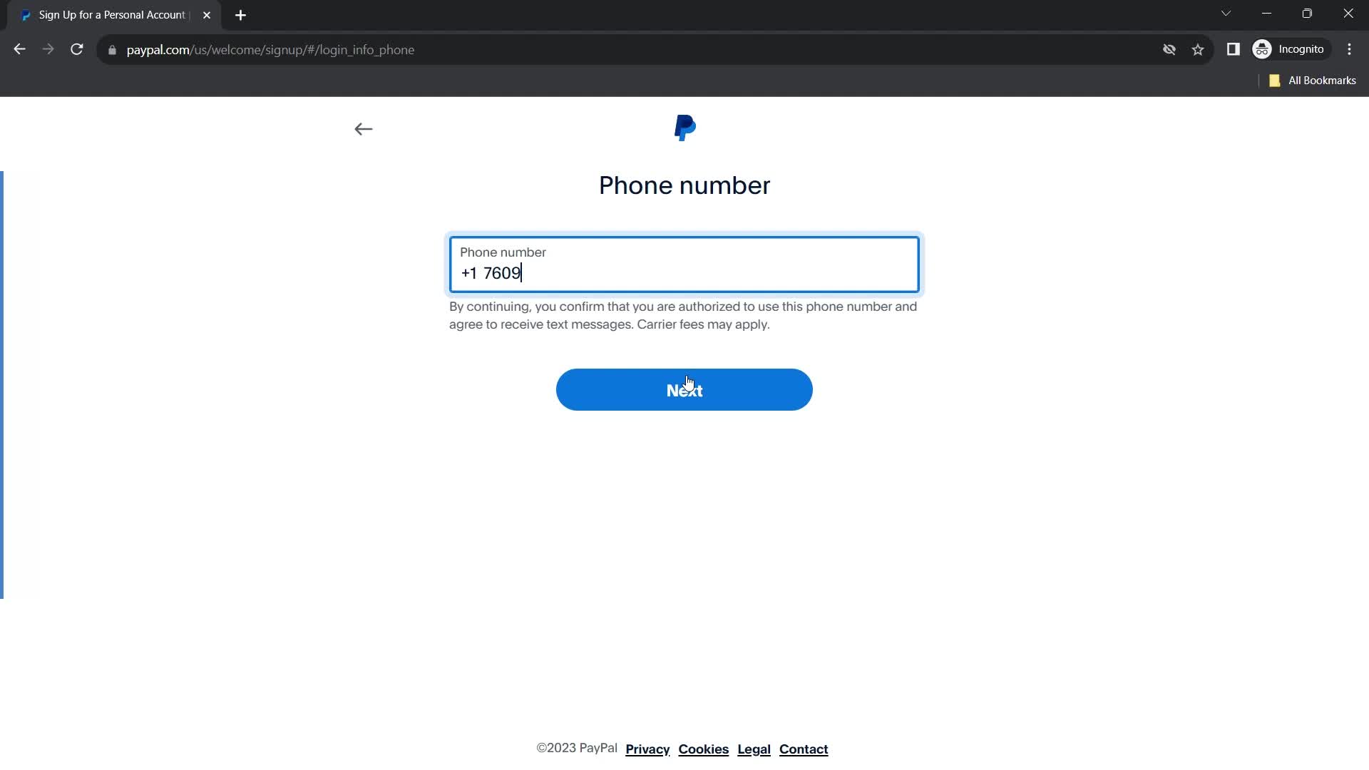 PayPal enter phone number screenshot
