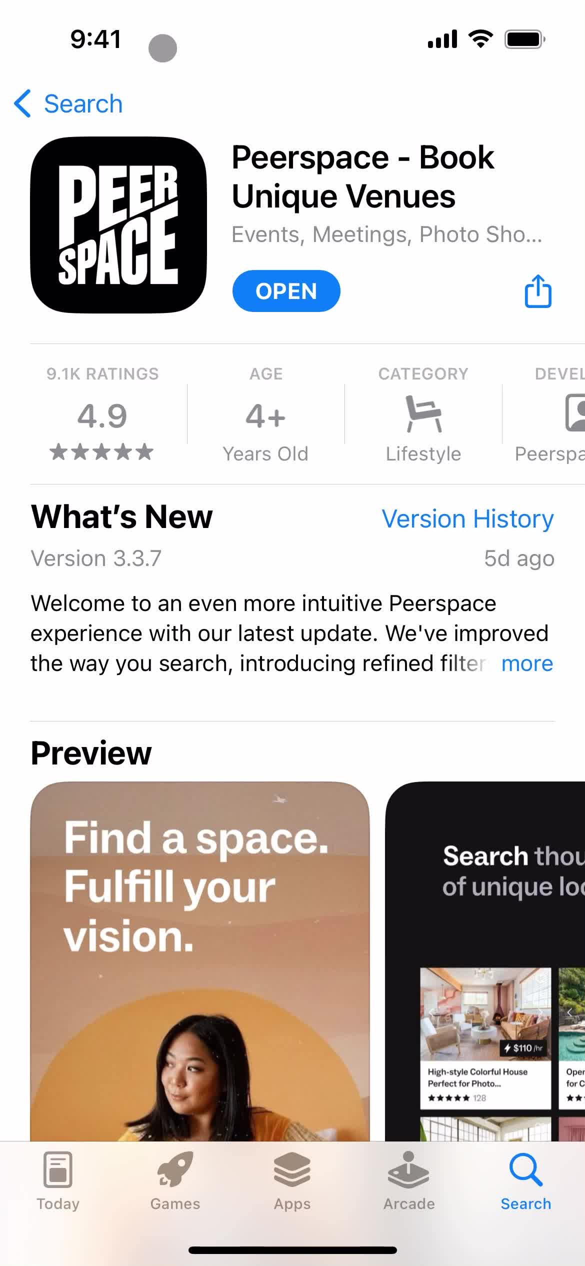 Screenshot of App store listing on Onboarding on Peerspace user flow
