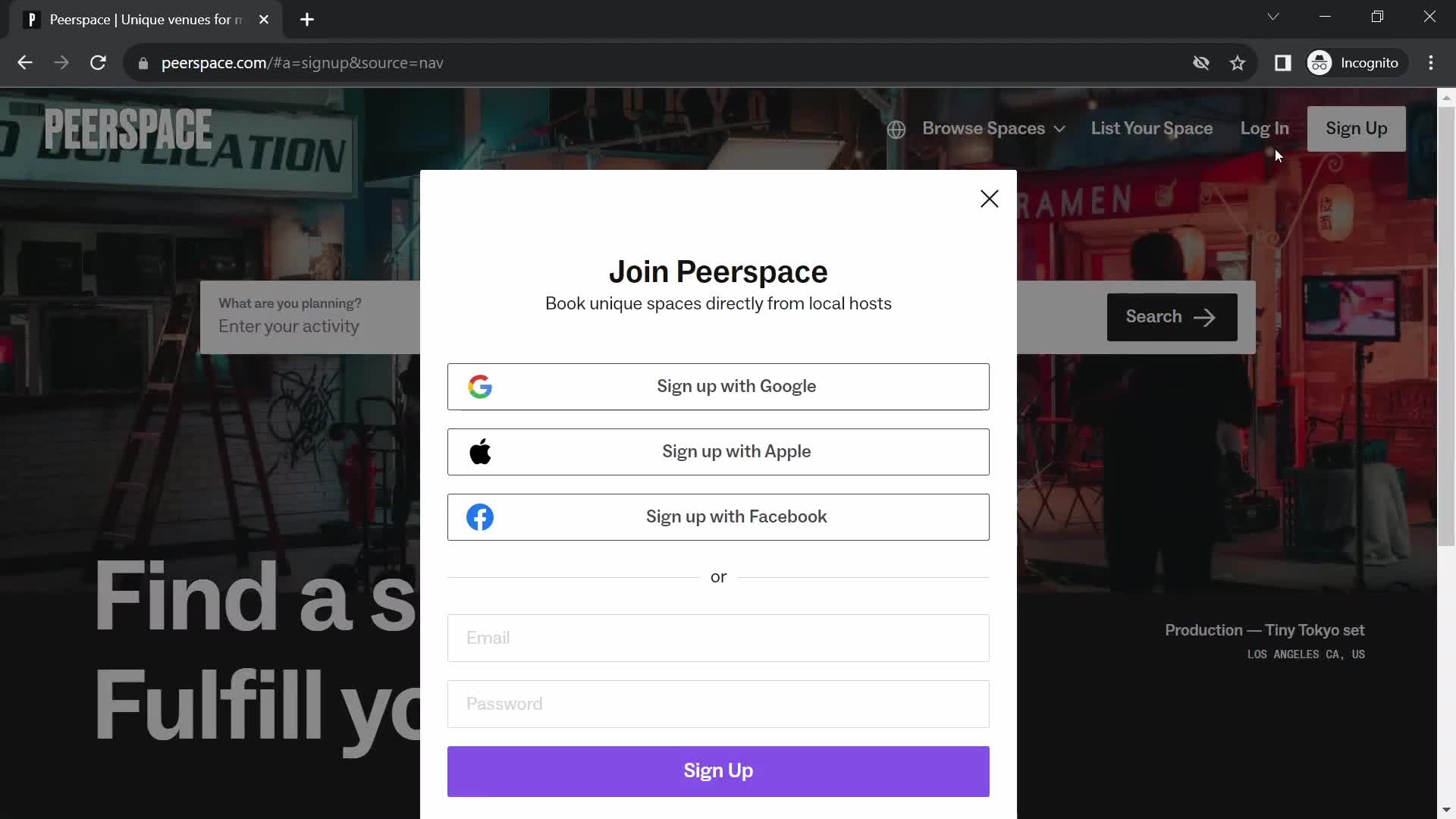 Screenshot of Sign up on Onboarding on Peerspace user flow