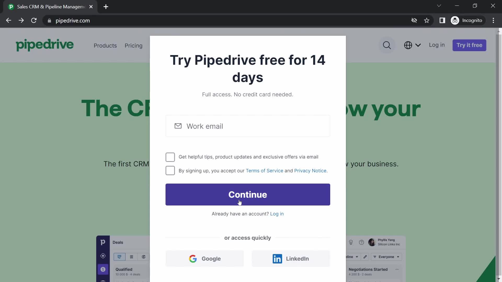 Pipedrive sign up screenshot