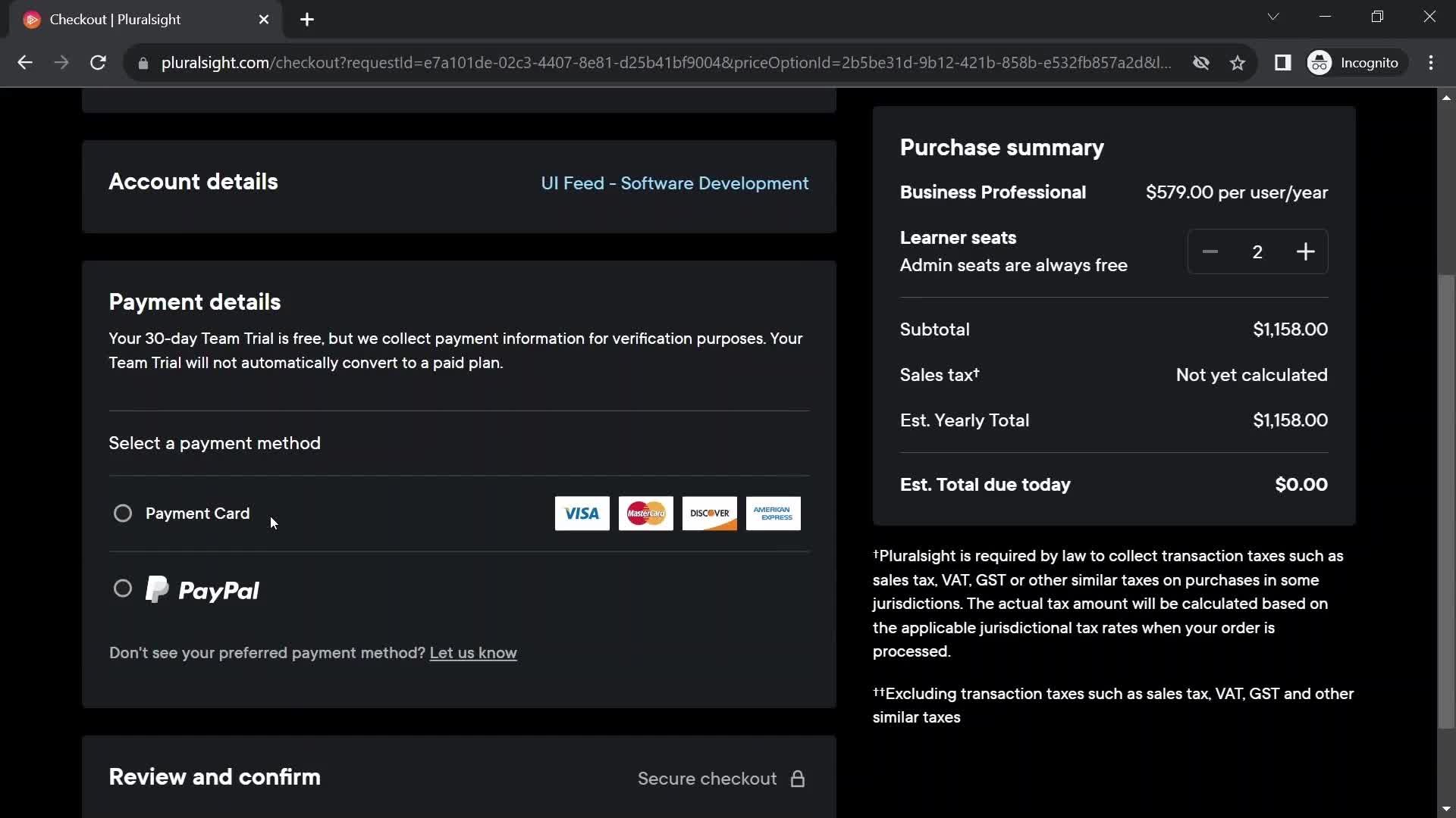 Pluralsight select payment method screenshot