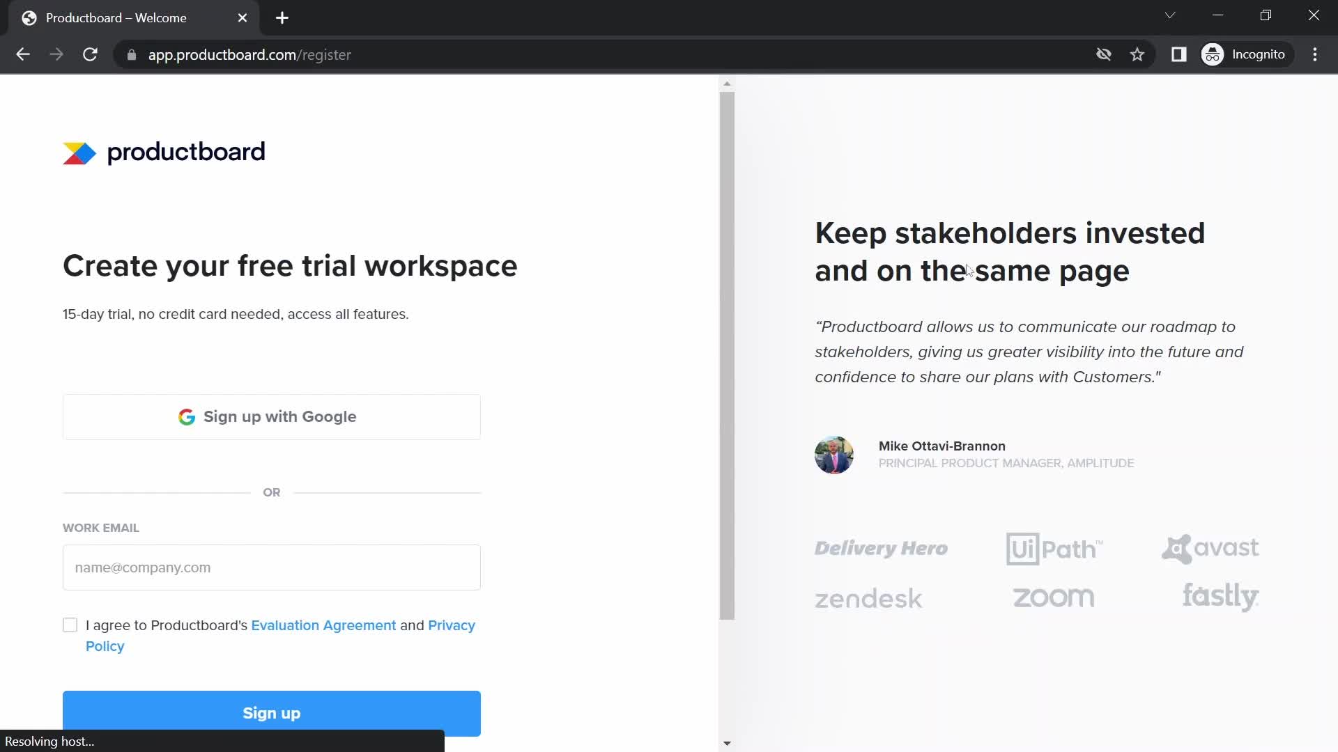 Screenshot of Sign up on Onboarding on Productboard user flow