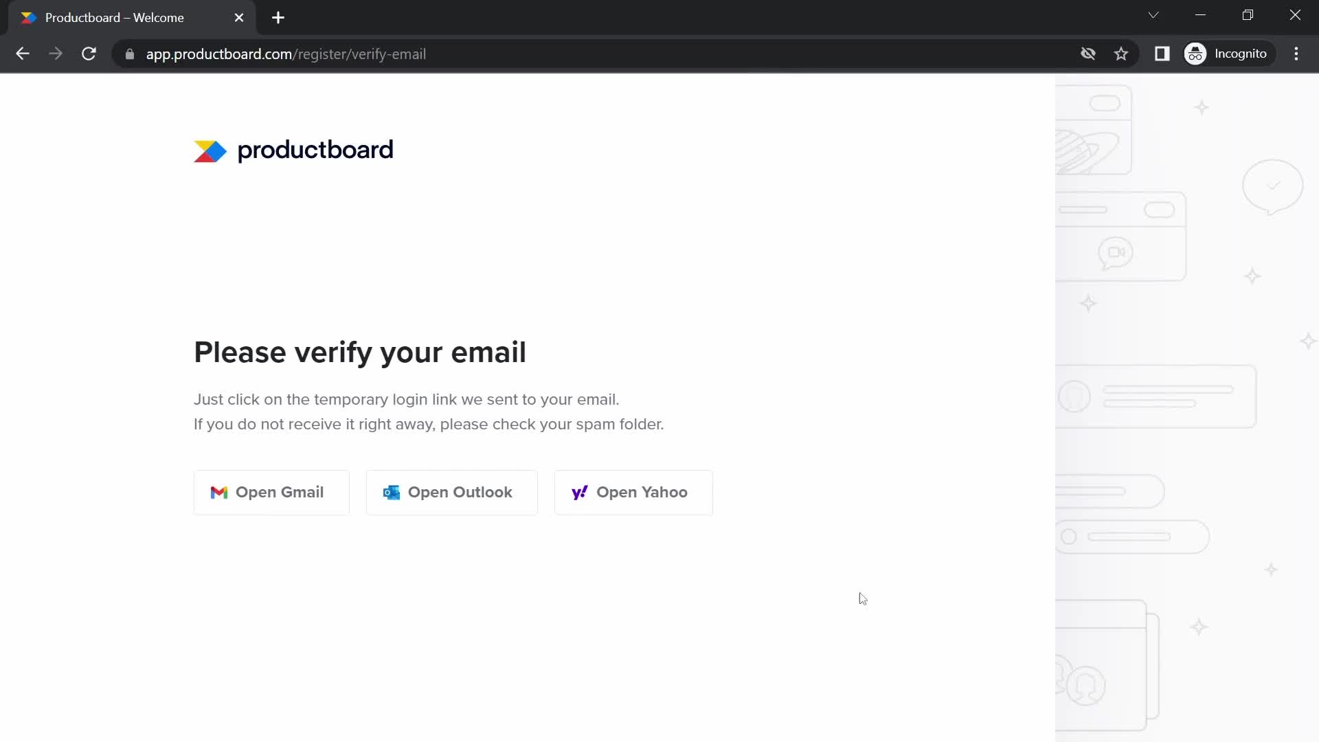 Screenshot of Check your inbox on Onboarding on Productboard user flow