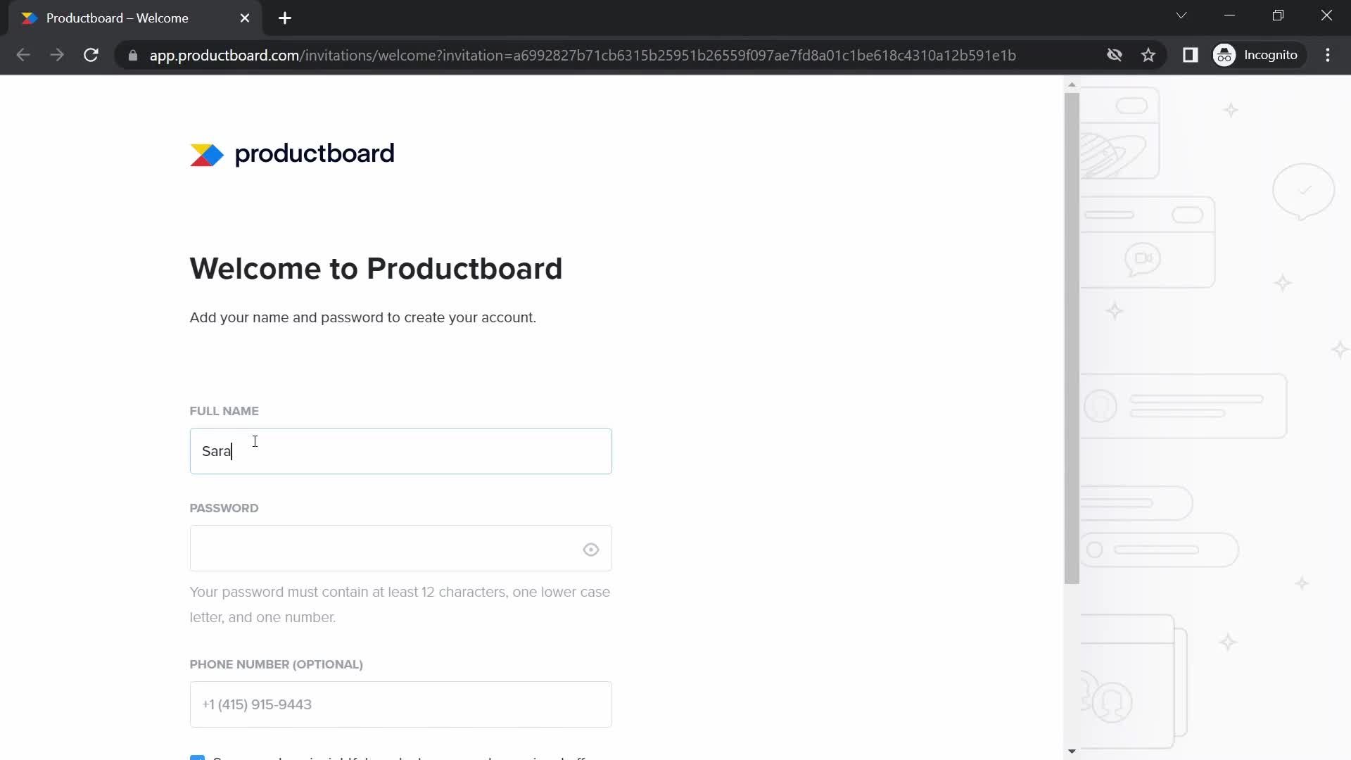 Productboard create account screenshot