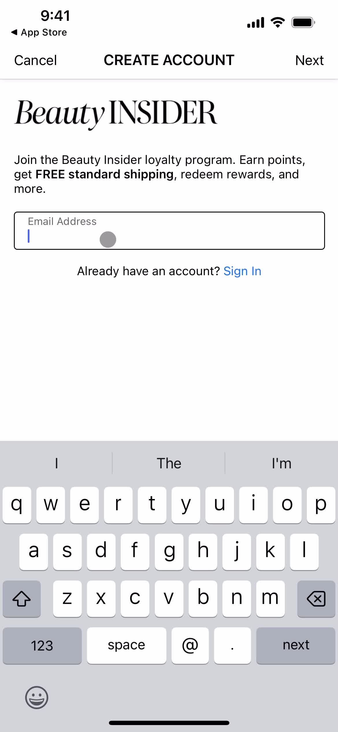 Sephora enter email screenshot
