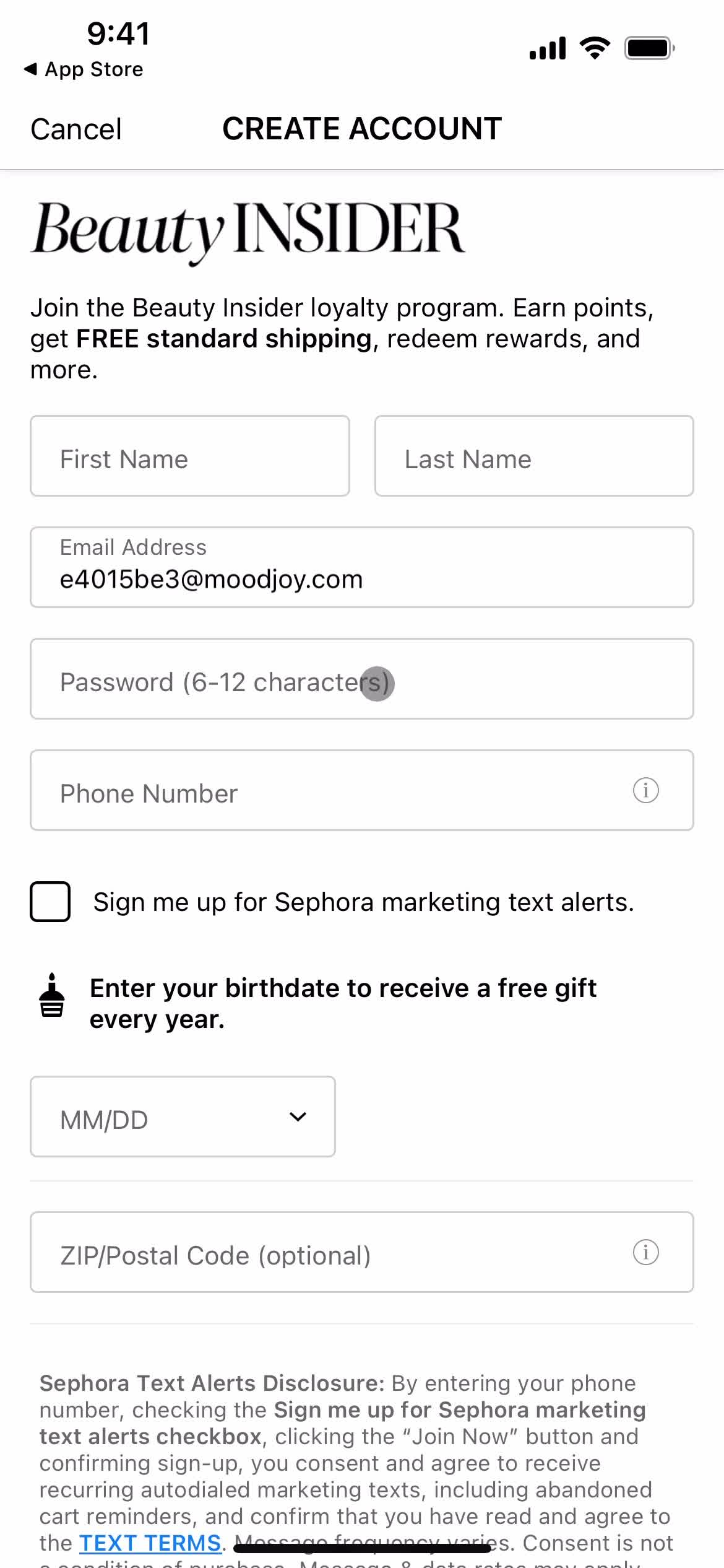 Sephora add personal info screenshot