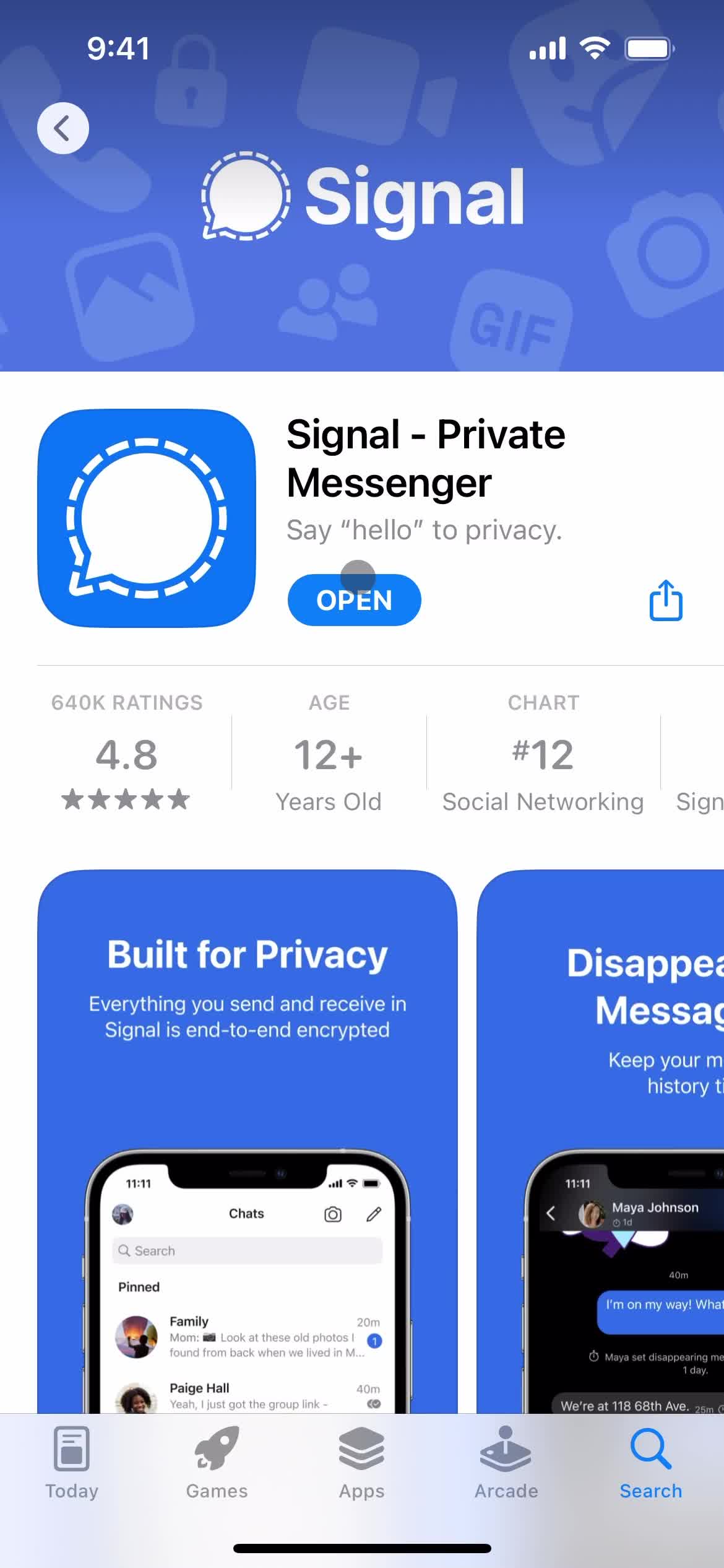 Screenshot of App store listing on Onboarding on Signal user flow