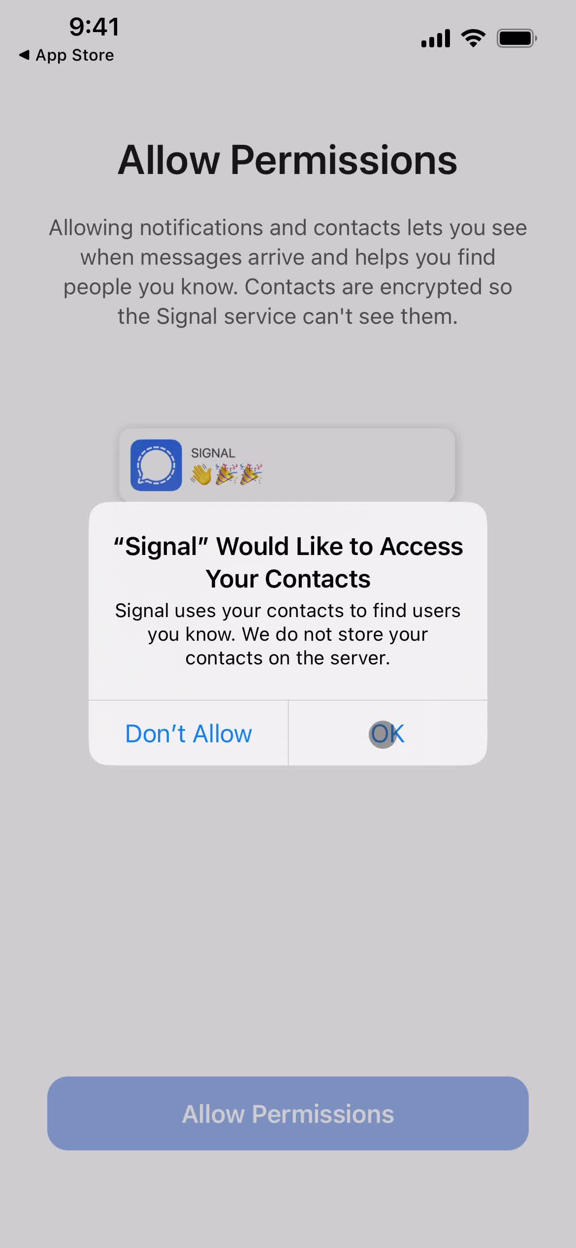 Screenshot of Enable contact access on Onboarding on Signal user flow