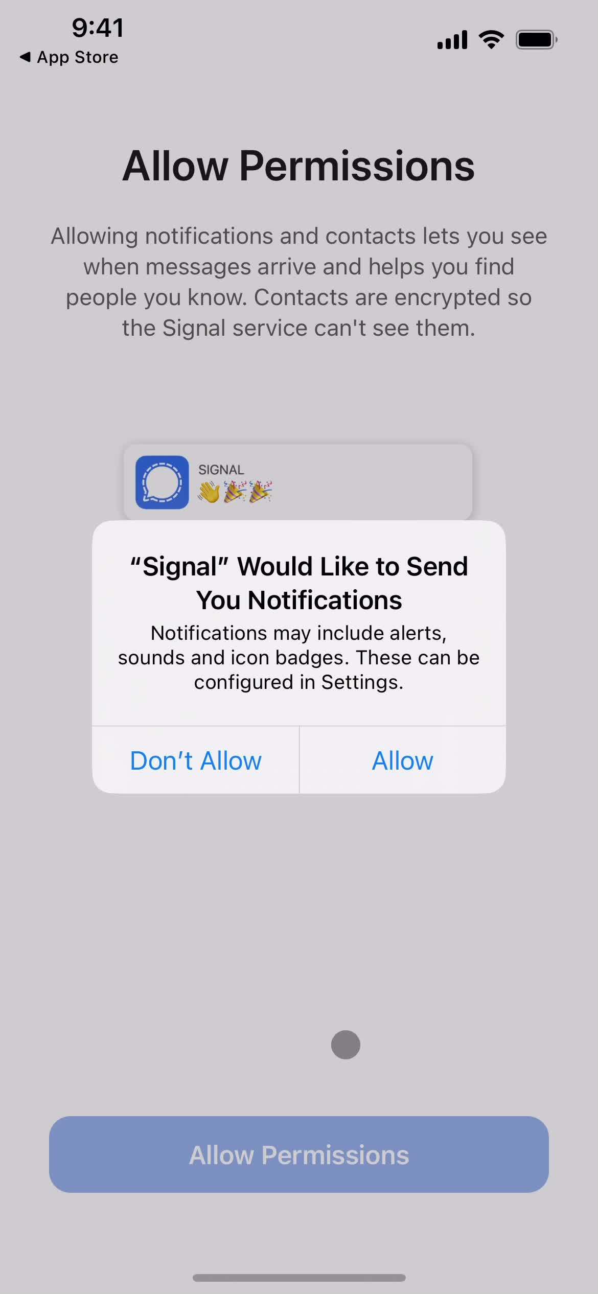 Screenshot of Enable notifications on Onboarding on Signal user flow